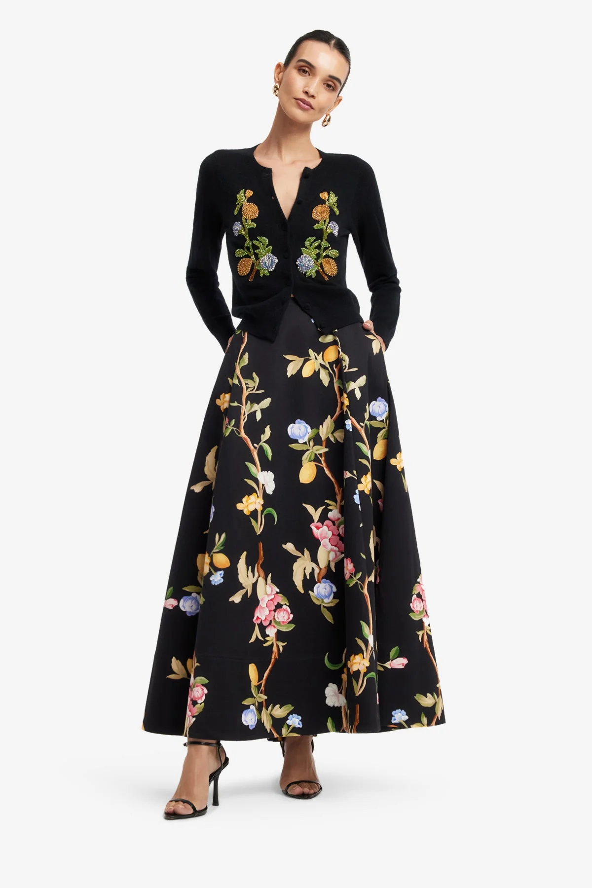 Claire Embellished Knit Cardigan - Lemon Vine Print in Ebony