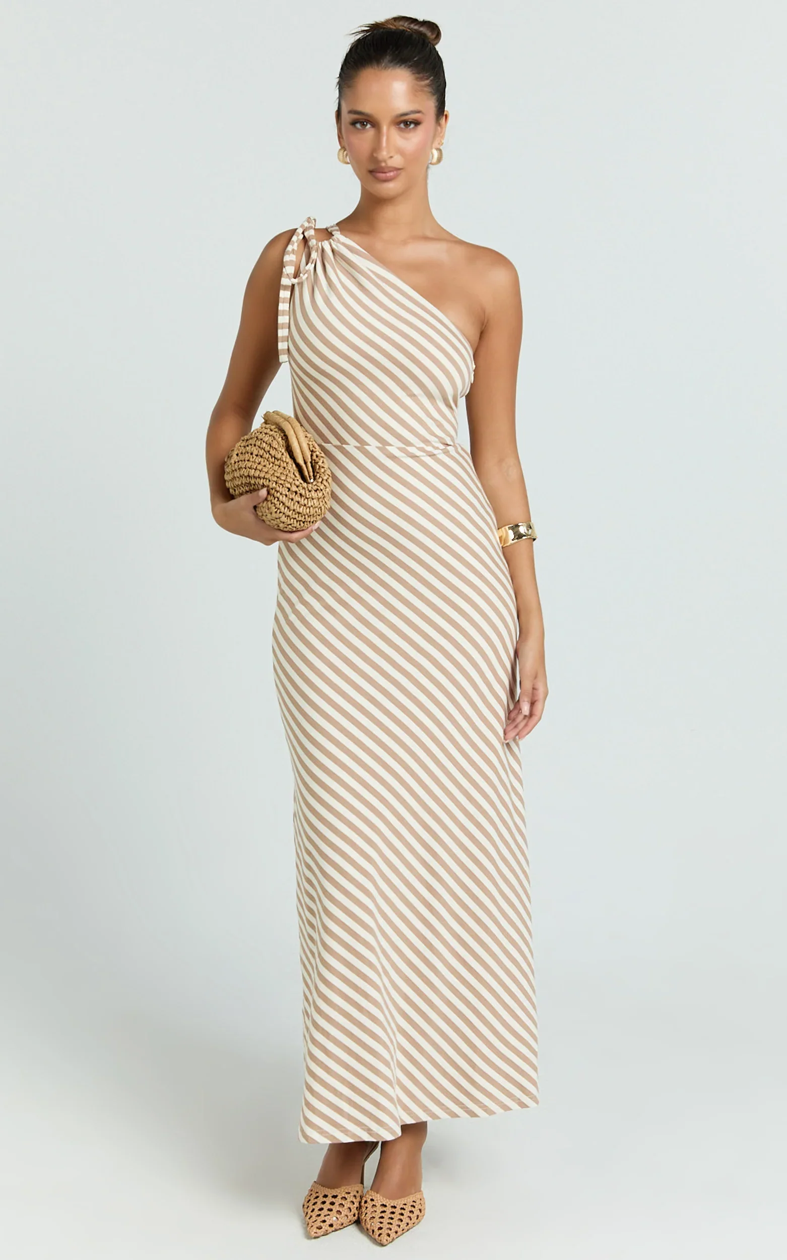 Dora Midi Dress - One Shoulder Dress in Beige