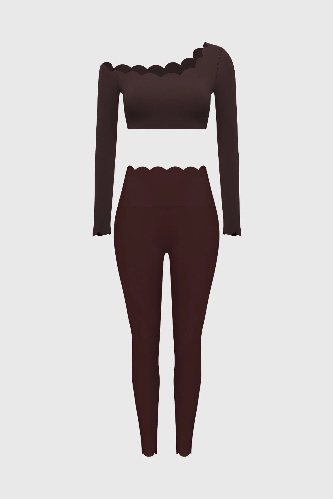 One-shoulder Scallop Long Sleeve Crop Top & High-Waist Scallop Scrunch Legging