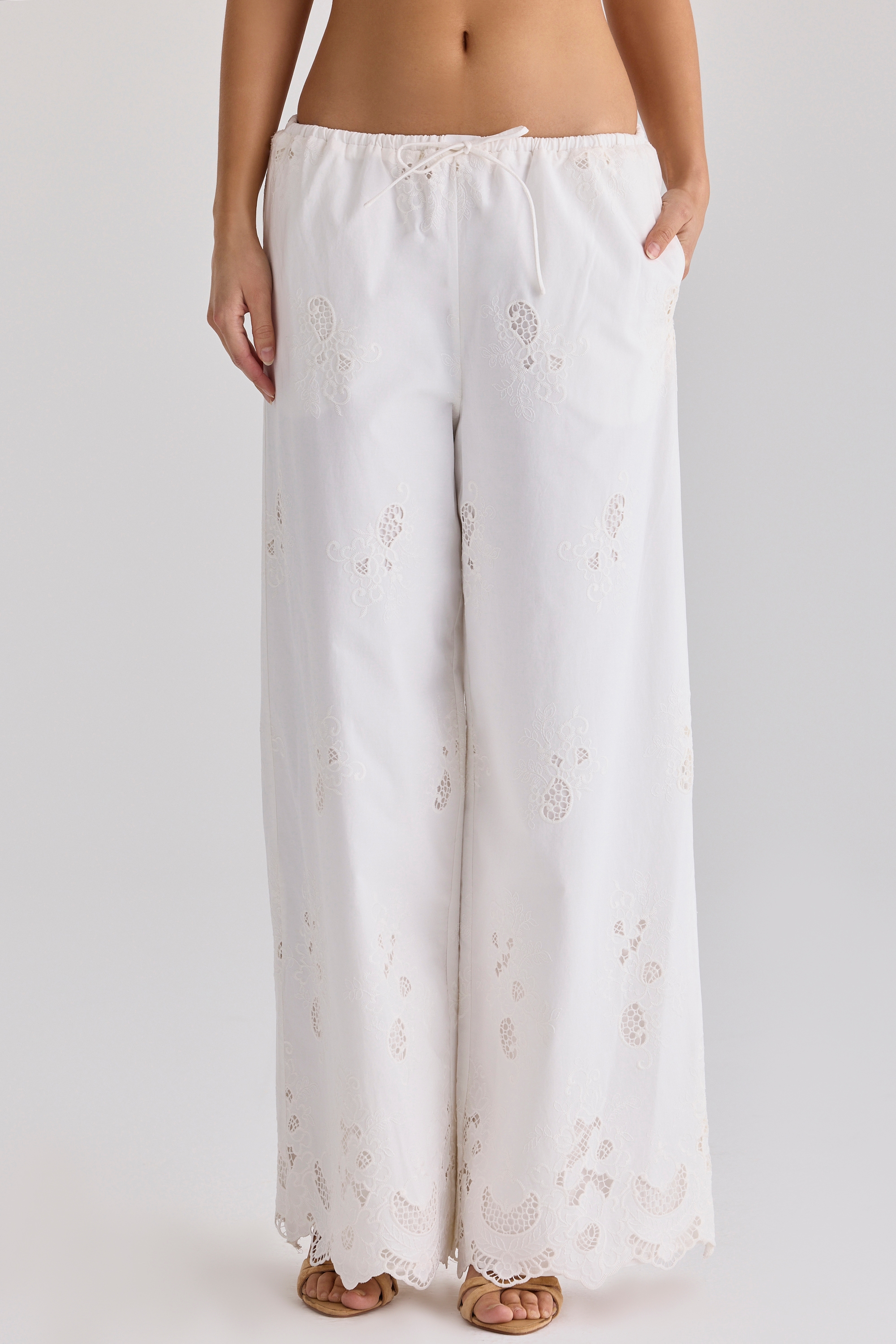 White Cotton Broderie Anglaise Wide Leg Trousers