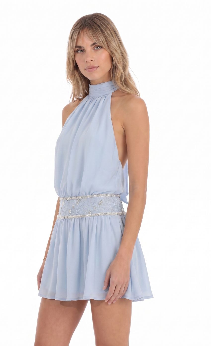 Beaded Waist Halter Mini Dress in Light Blue - FASHION NOB