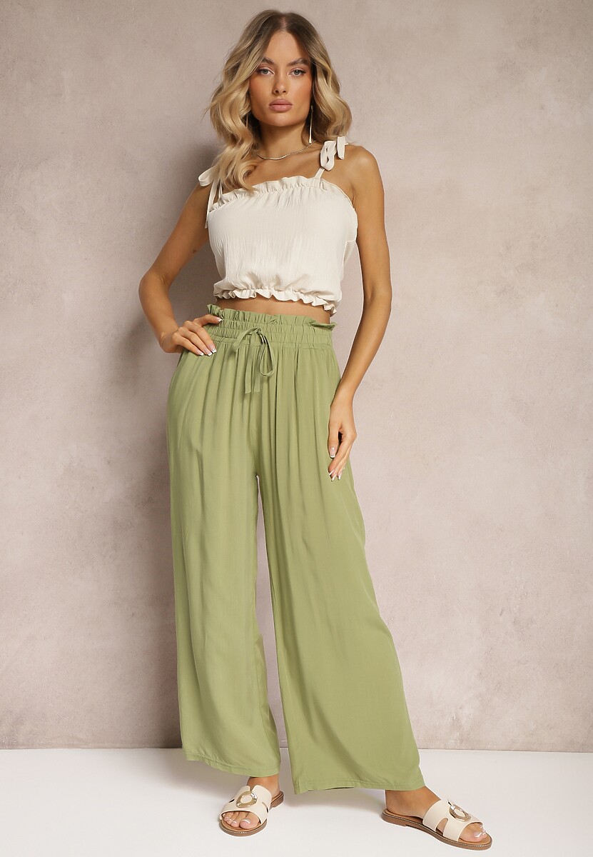 Czarne Spodnie Palazzo High Waist z Bawełny Wykończone Gumką w Talii Nellsea