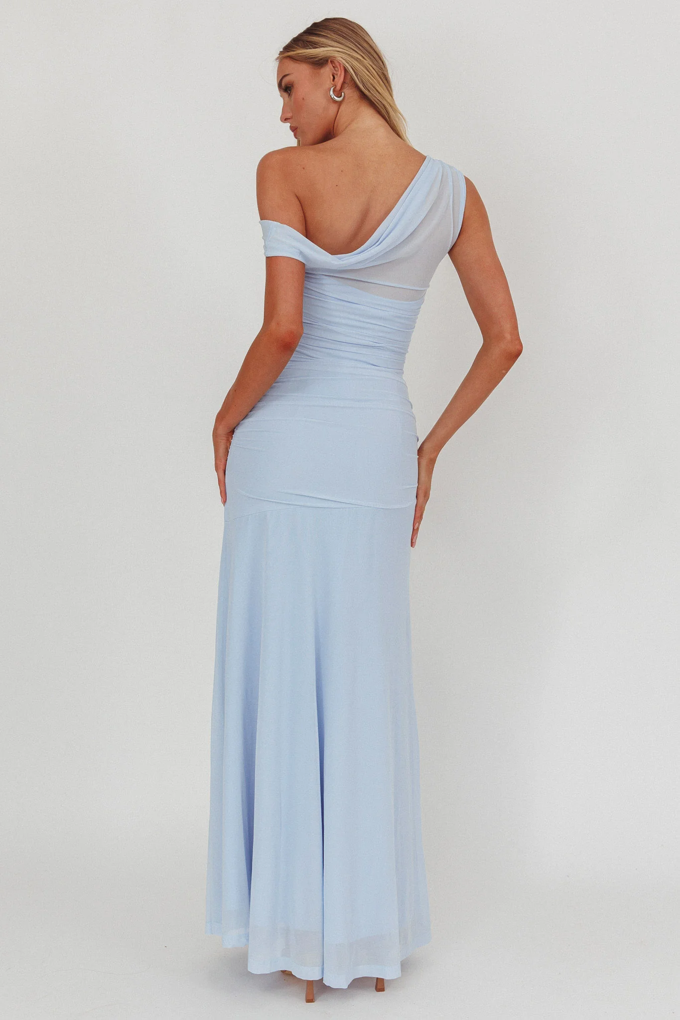 Lylah Asymmetric Neckline Mesh Maxi Dress Ice Blue