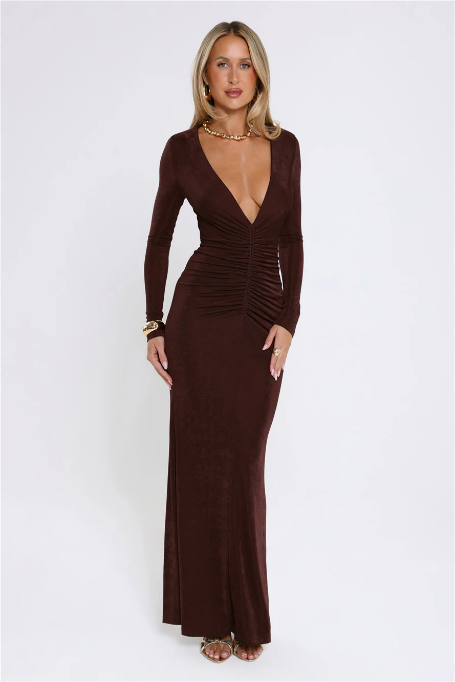Stare Worthy Long Sleeve Maxi Dress Brown