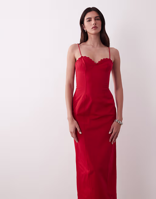 cotton sateen cami maxi sundress with bust detailing in red