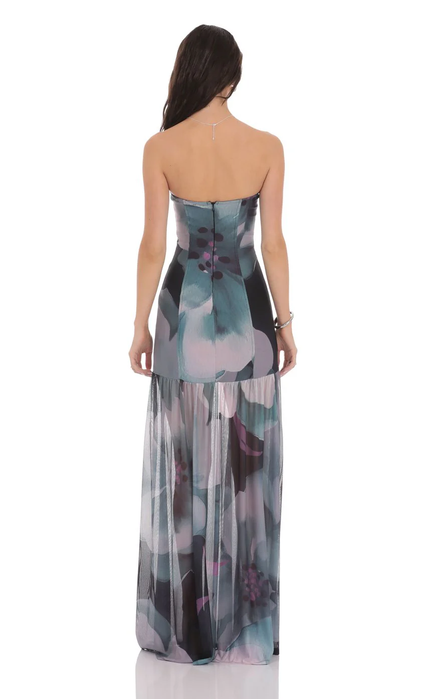 Floral Mesh Strapless Maxi Dress in Navy