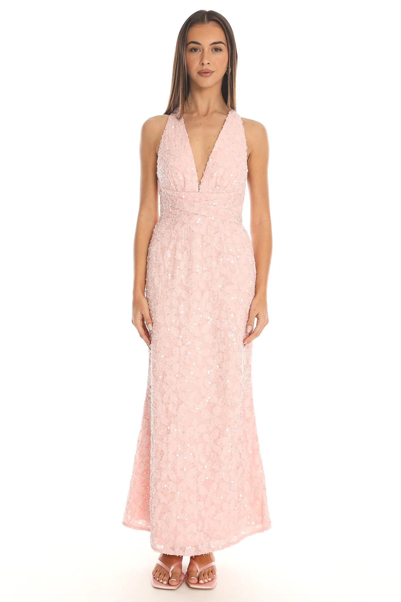 Ruelle Backless Halter Maxi Dress Sequin Blush - FASHION NOB
