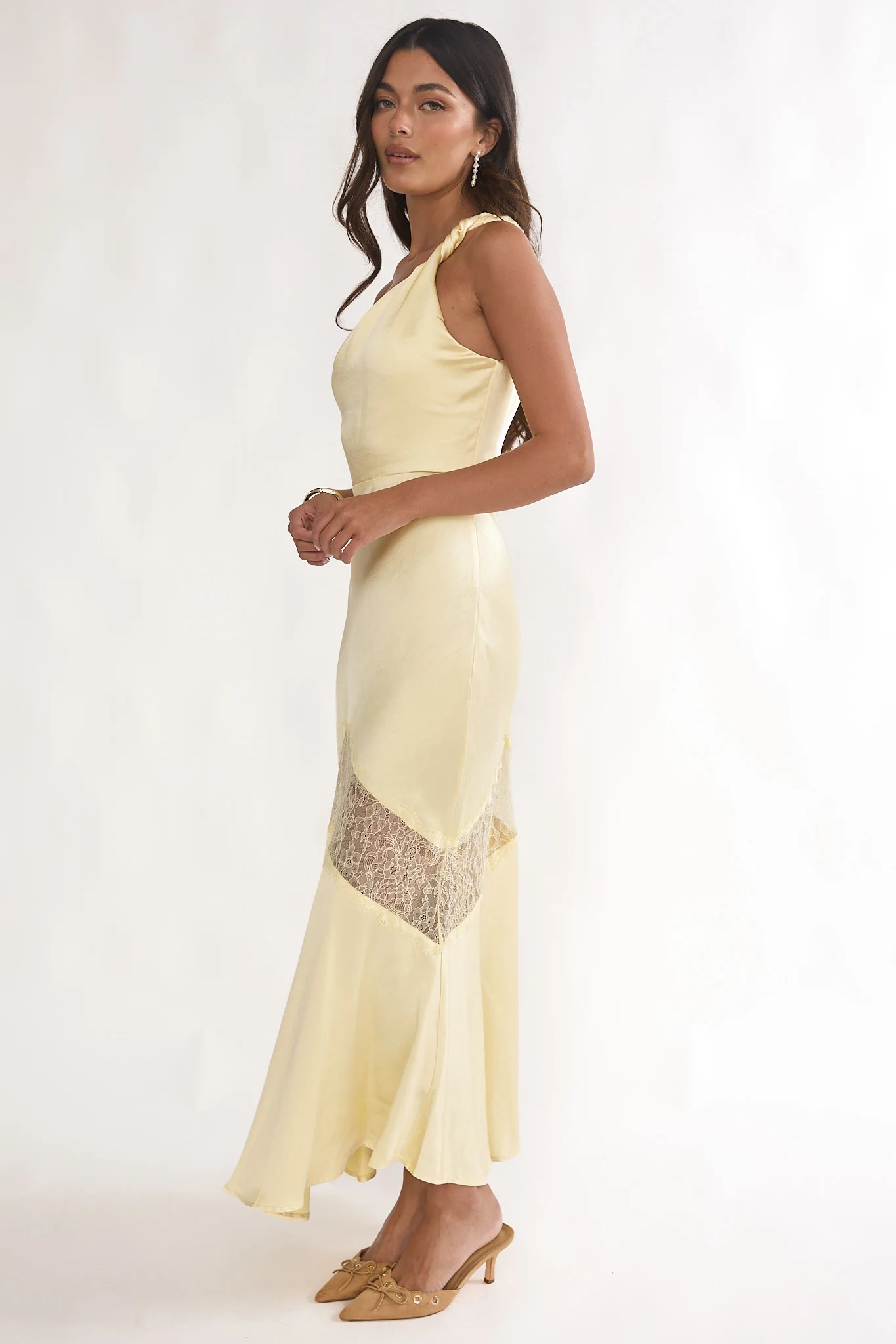 Avielle Lace Trim One-Shoulder Maxi Dress Butter - luluinthesky