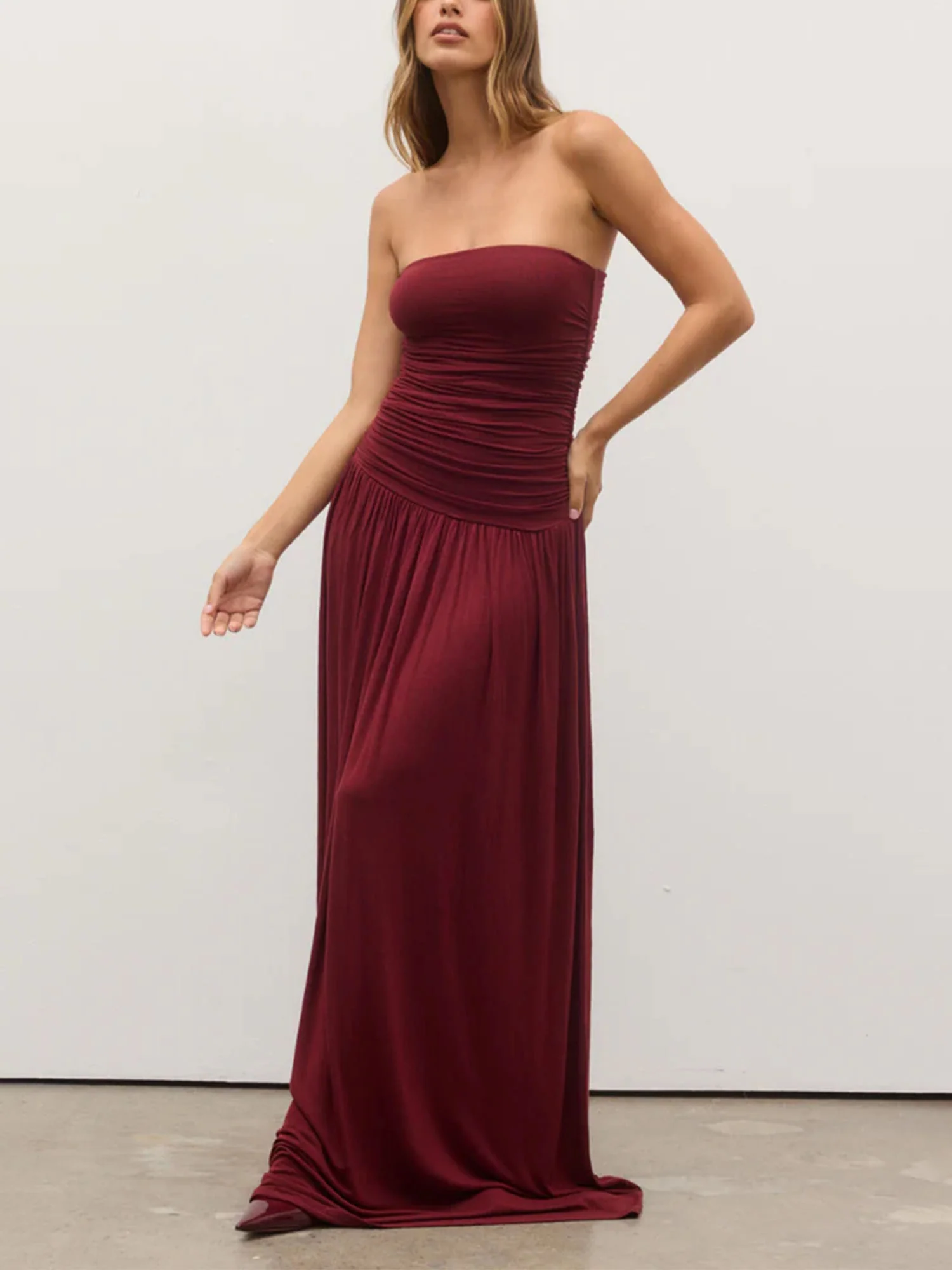 Burgundy Strapless Ruched Maxi Dress