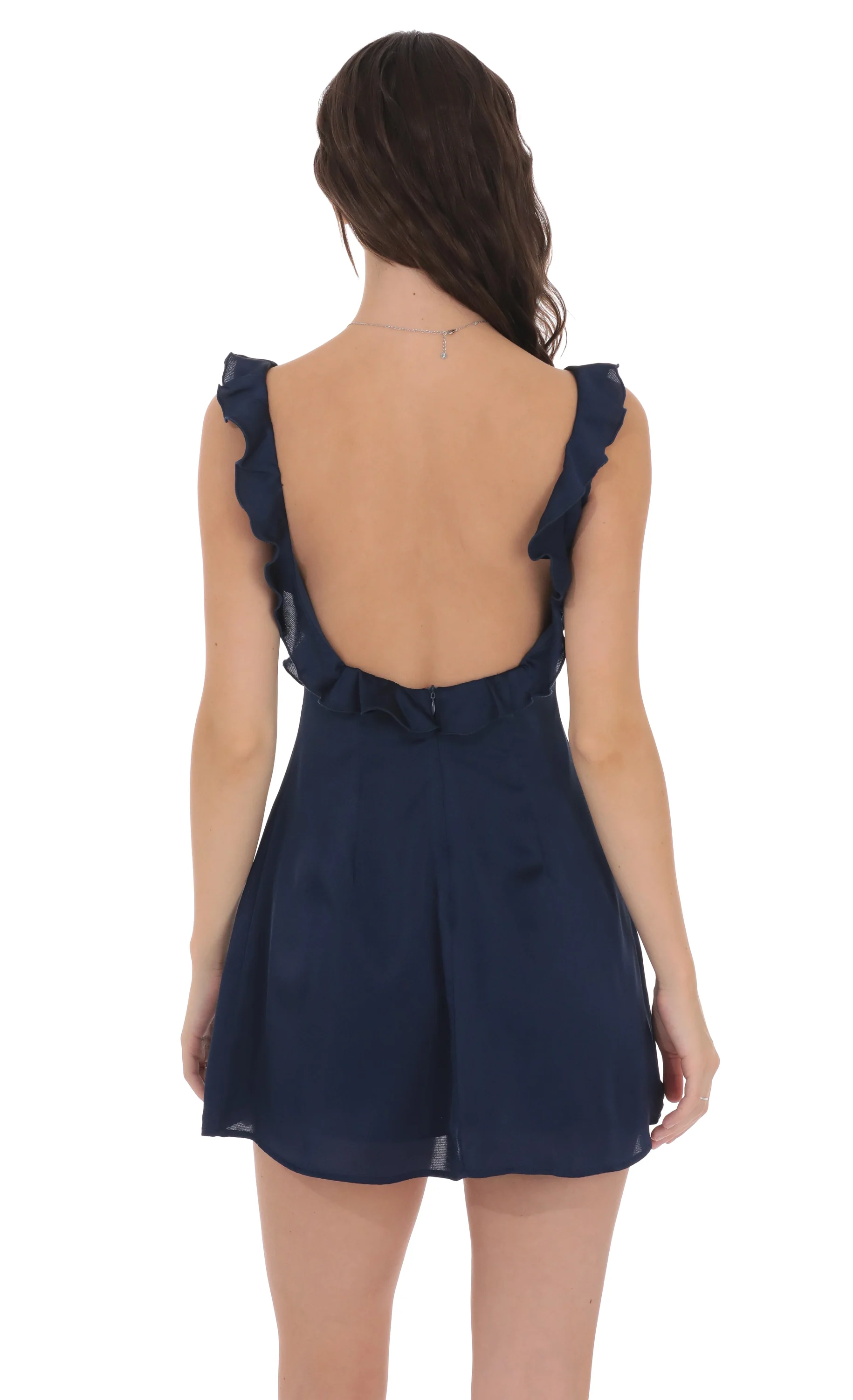 Satin Ruffle V-Neck Dress in Navy