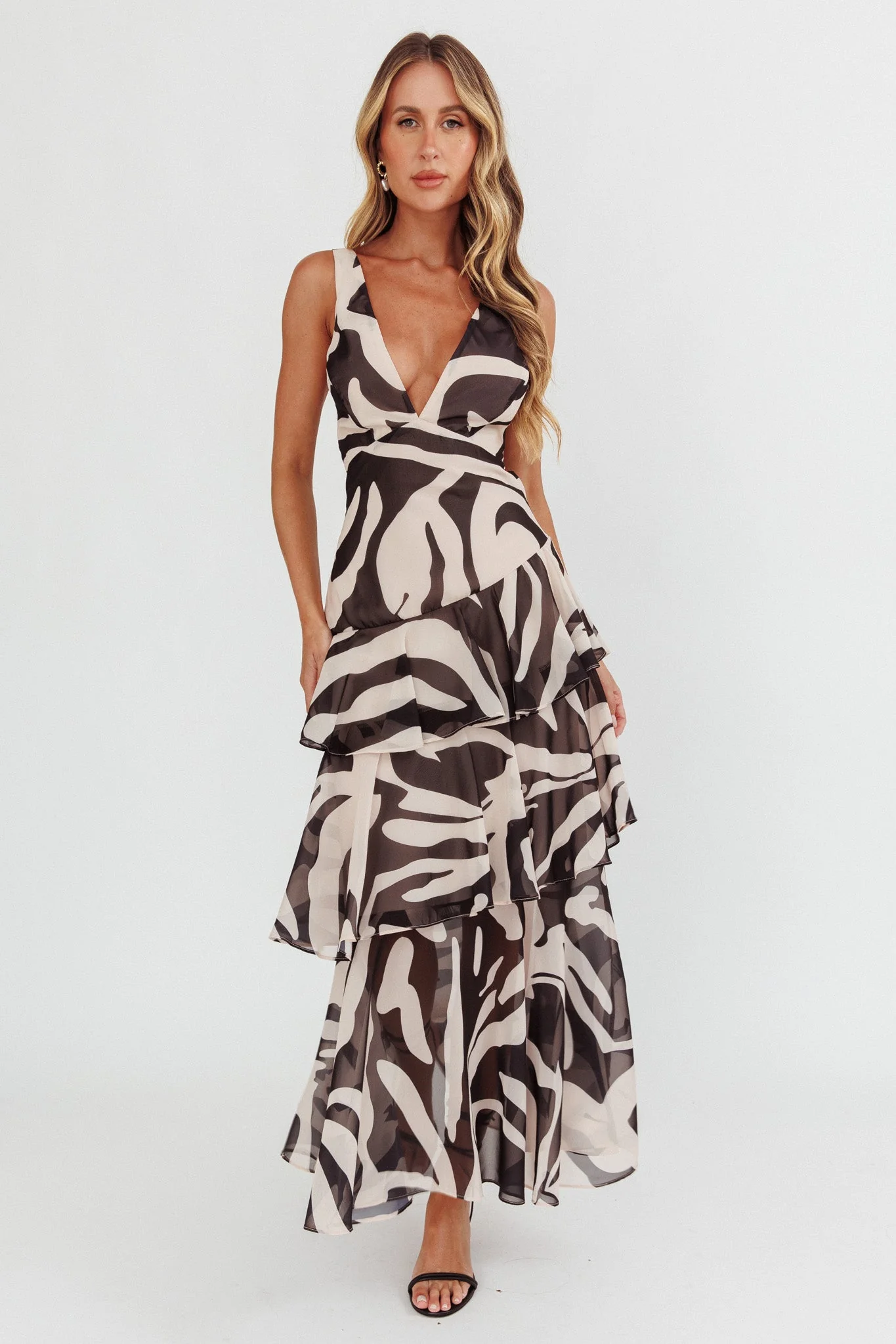 Veda Strappy Back Ruffle Maxi Dress Print Black - luluinthesky