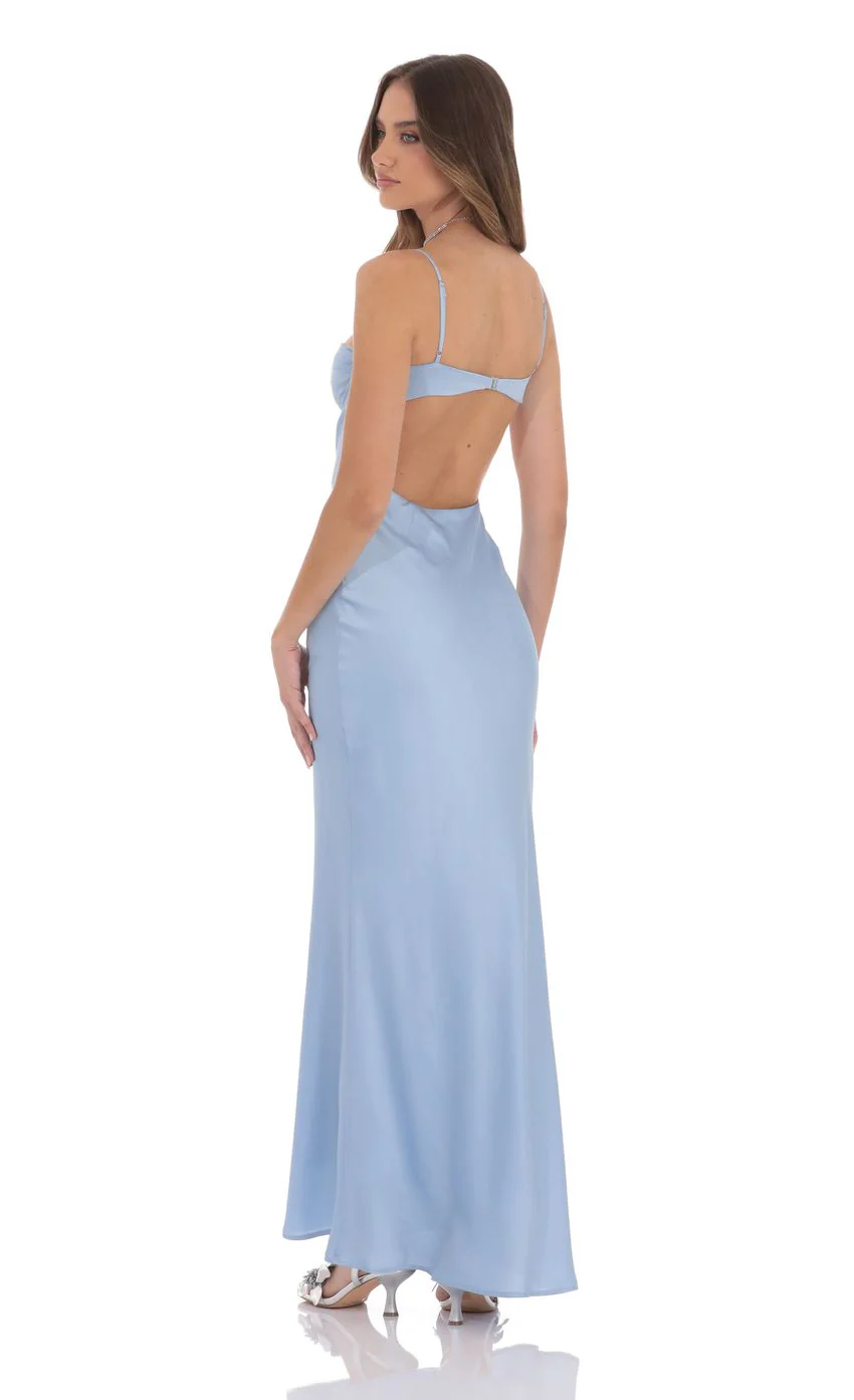 Open Back Satin Maxi Dress in Light Blue - luluinthesky