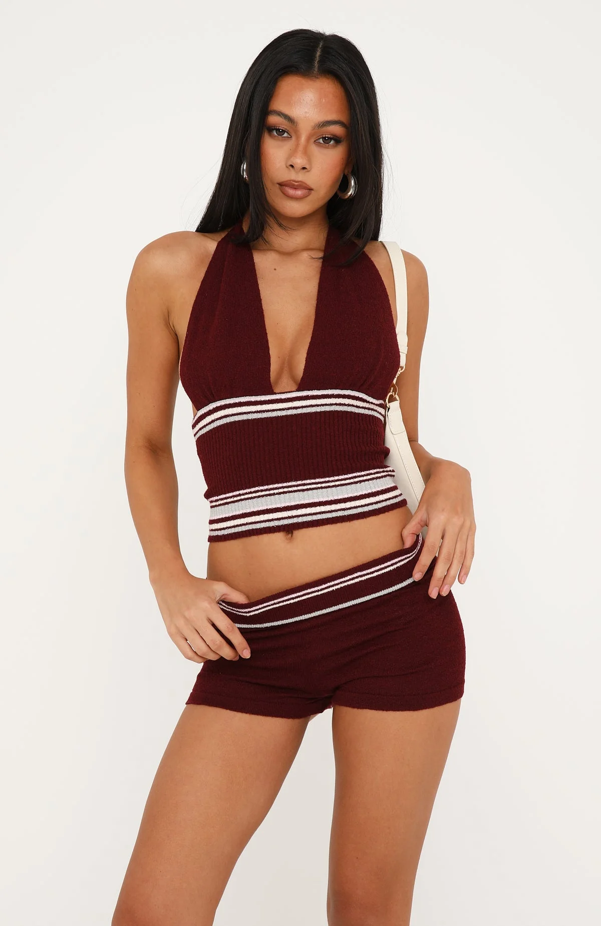 Ciao Bella Knit Halter Top Burgundy Stripe
