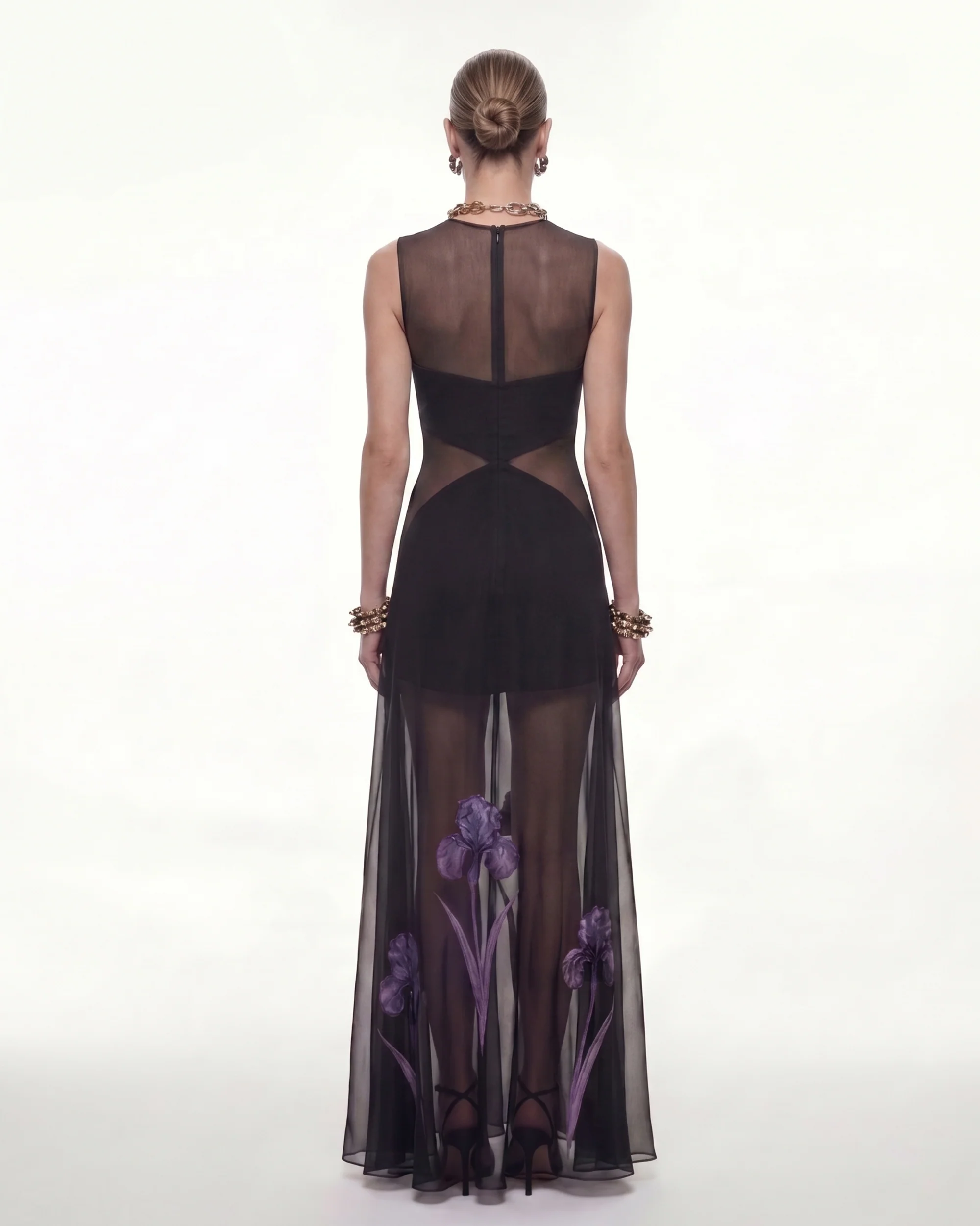 Sheer Floral Print Paneled Maxi Dress - Black - FASHION NOB