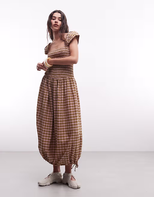 COLLUSION shirred cap sleeve midi dress in textured green plaid