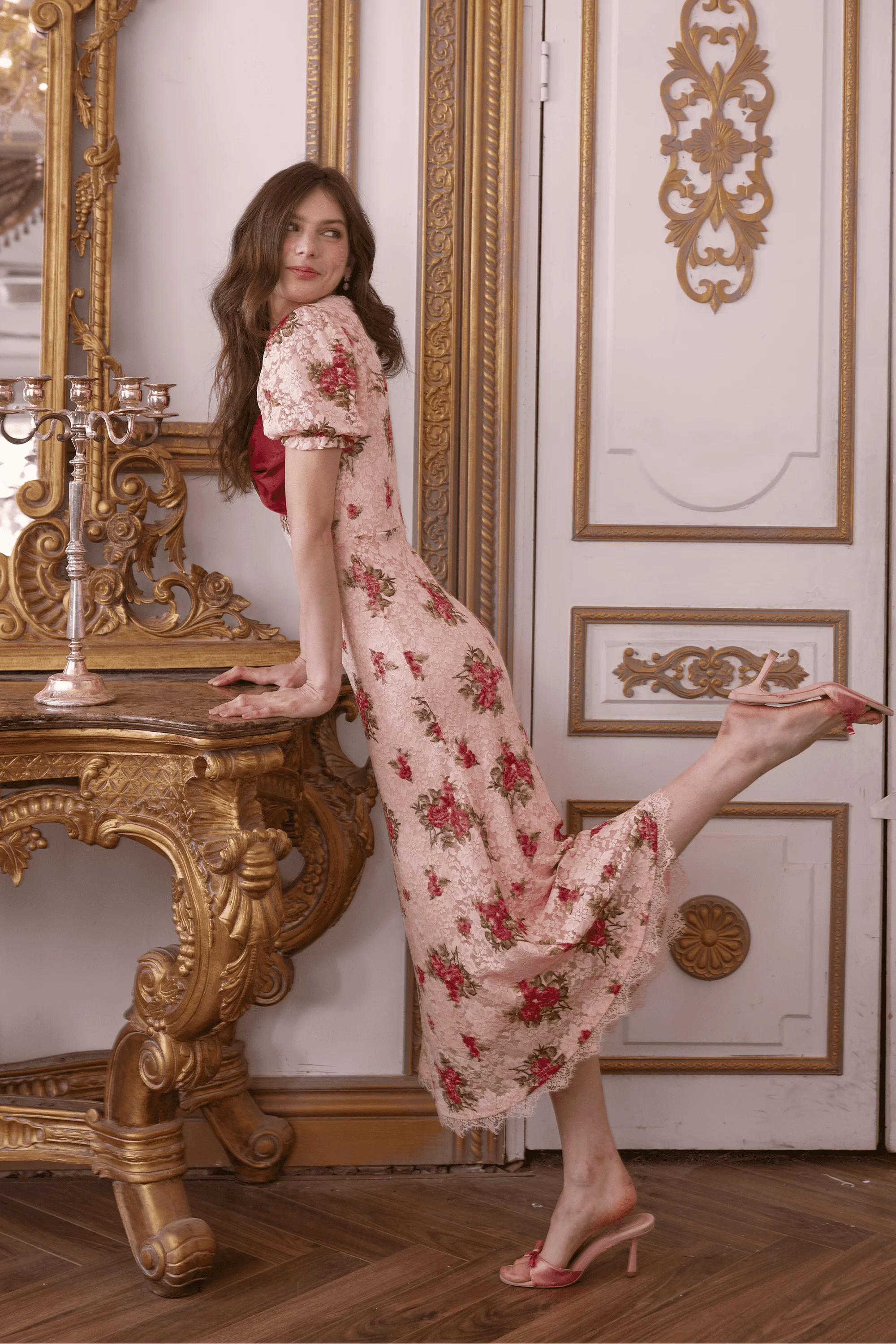 Rose Lace Floral Midi Dress in Pink