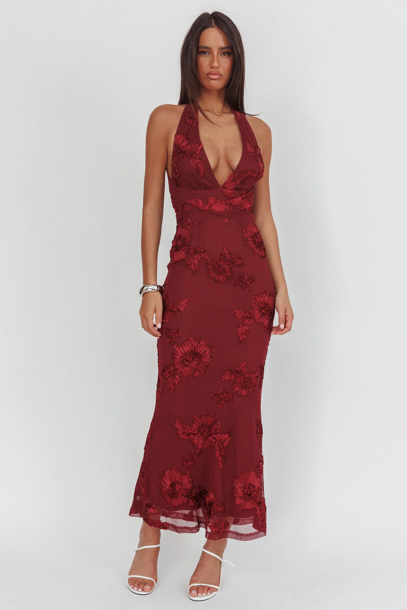 Cipriana Backless Halter Maxi Dress Embellished Wine