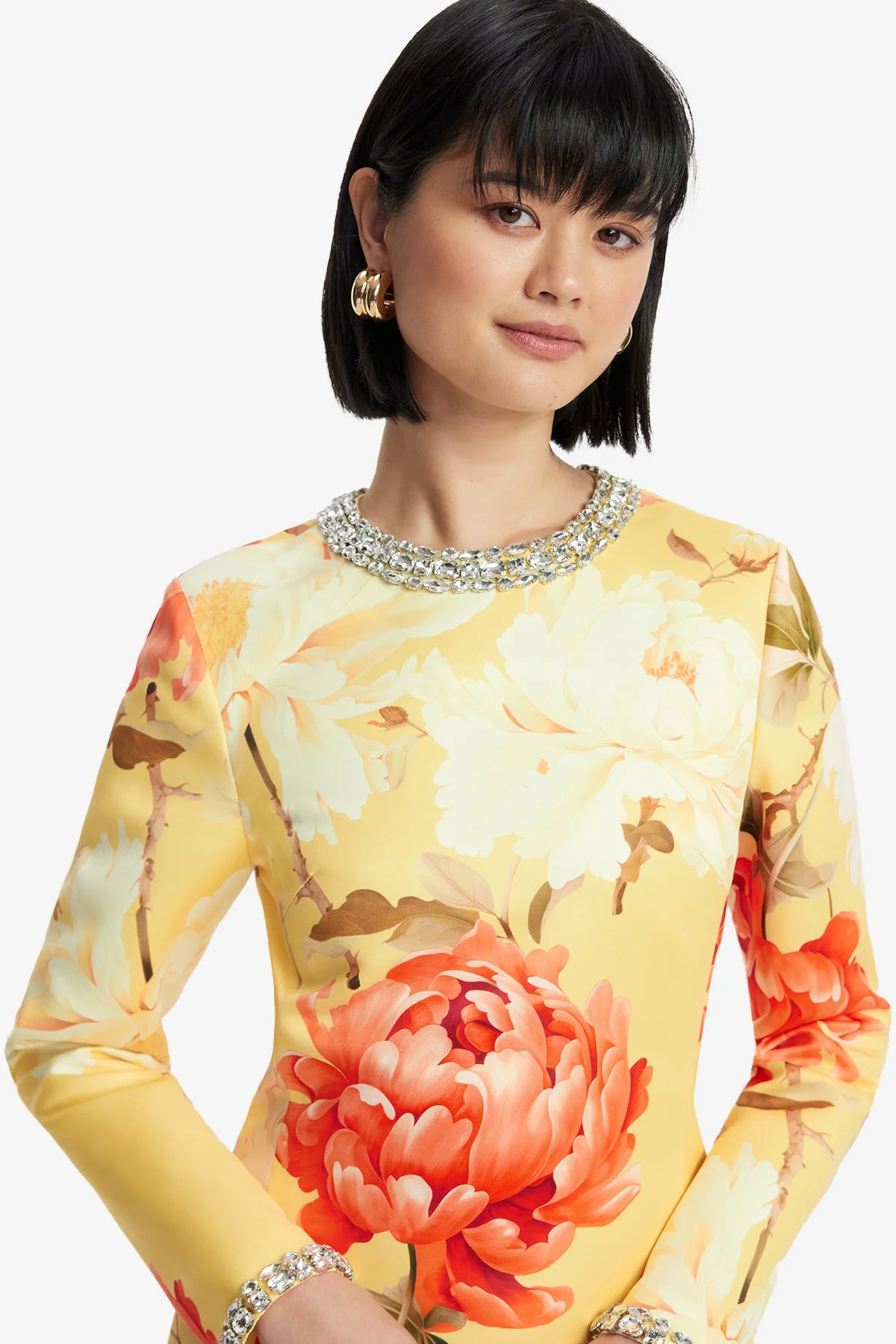 Aliza Embellished Long Sleeve Mini Dress - Peony Print in Yellow