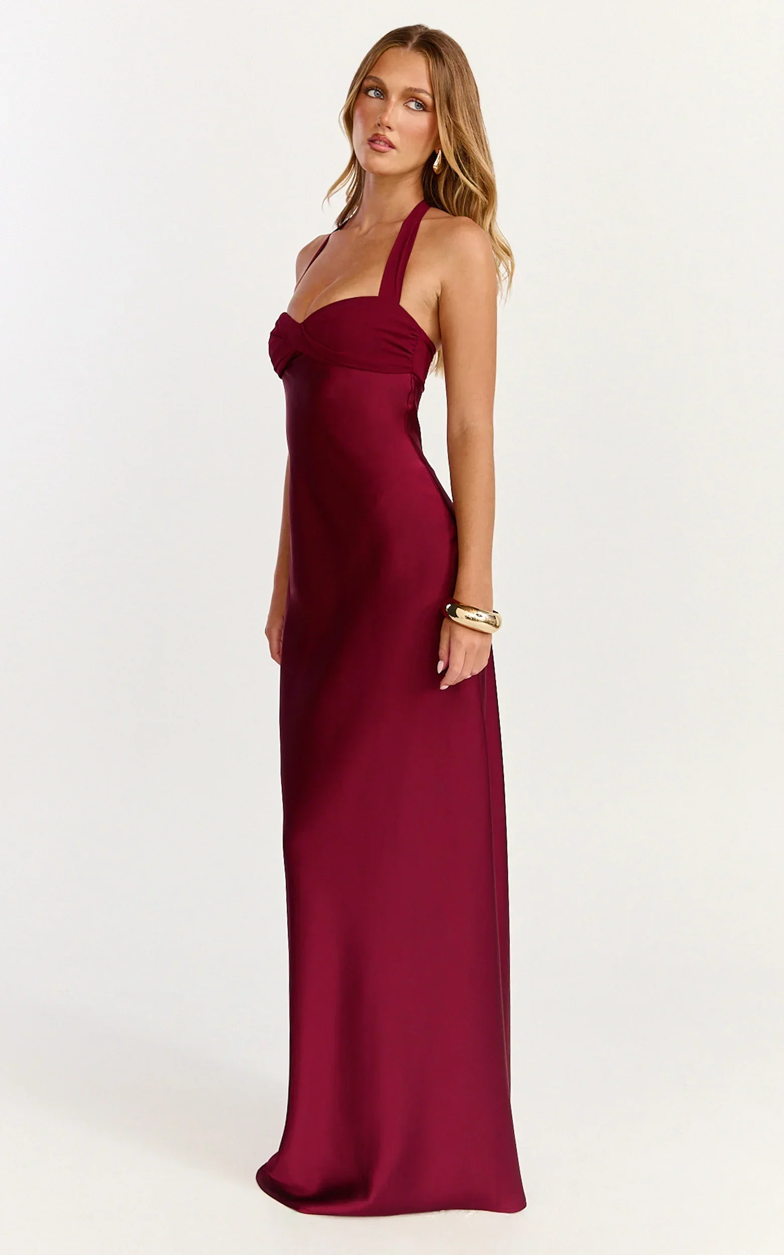 Flynn Maxi Dress - Satin Halter Sweetheart Neck Dress in Wine - luluinthesky