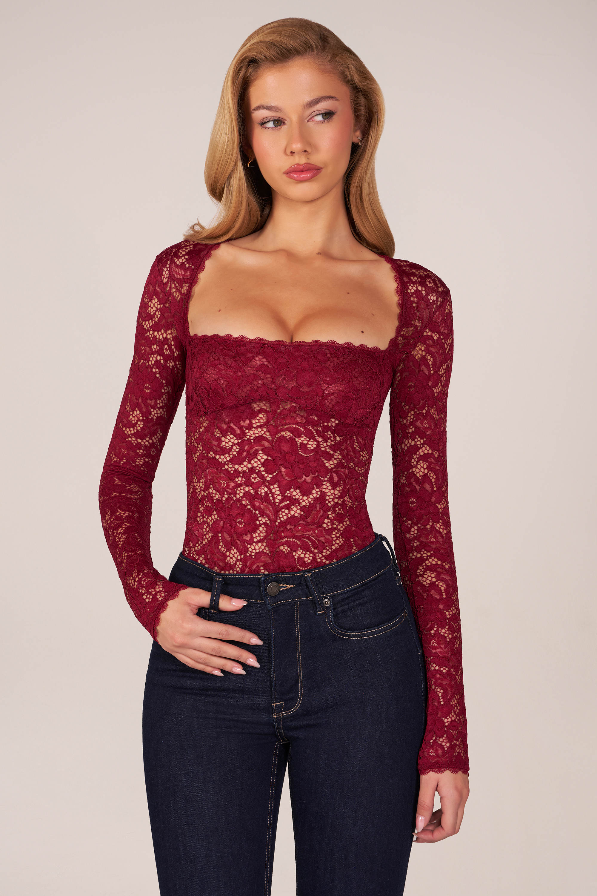 Long-Sleeve Laced Bodysuit in Cherry Red
