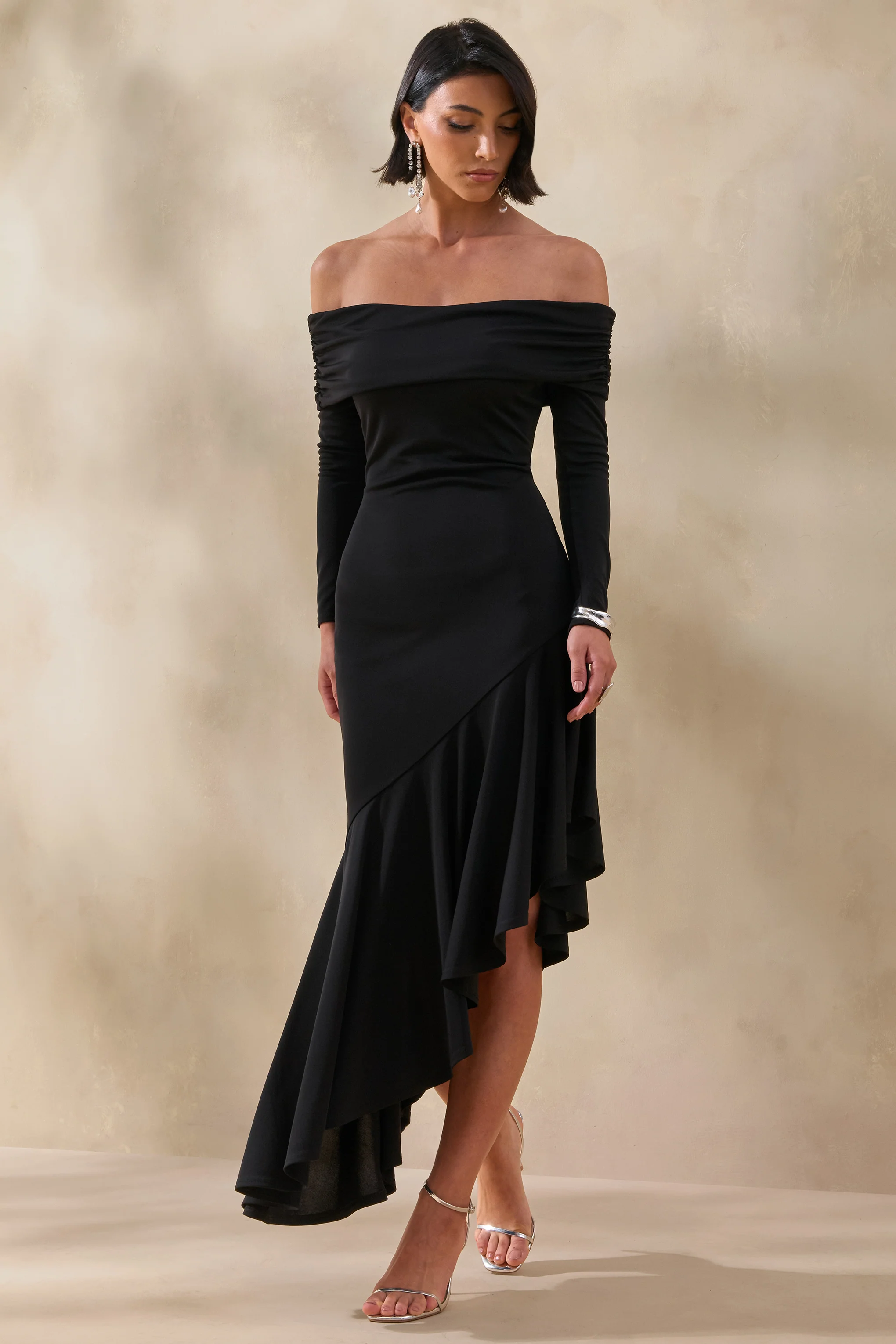 Goldara | Black Bardot-Neck Maxi Dress With Ruffled Asymmetric-Hem