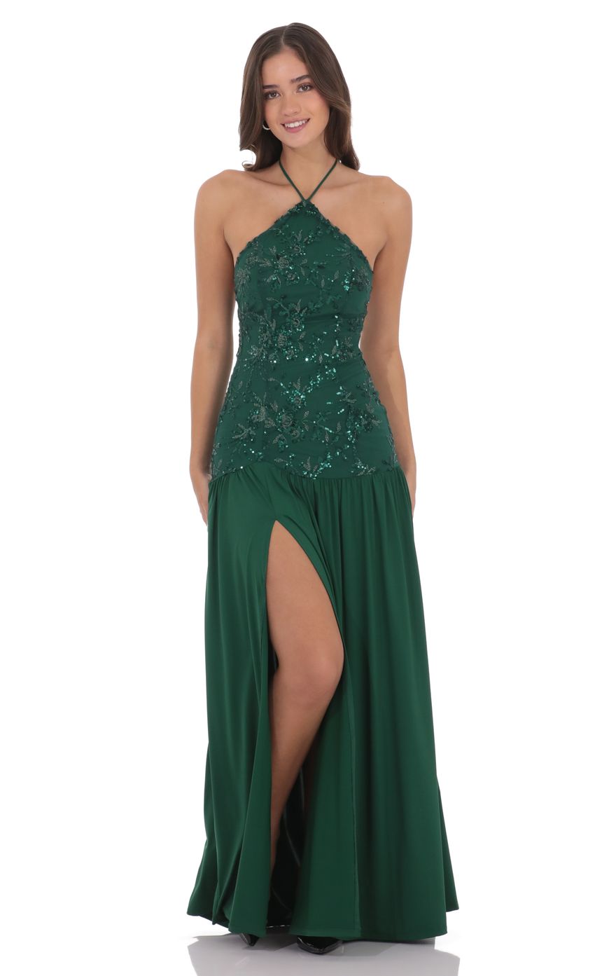 Drop Waist Sequin Maxi Dress in Green