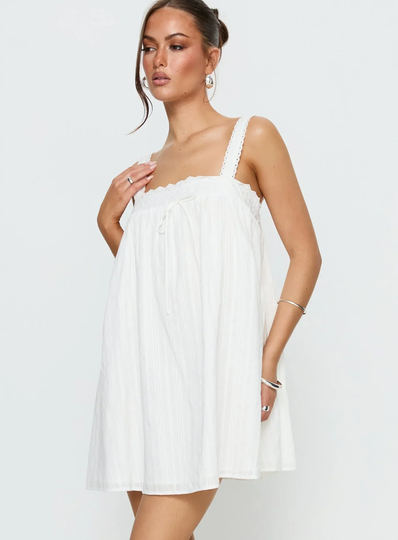 Reason To Stay Lace Trim Floaty Mini Dress White - luluinthesky