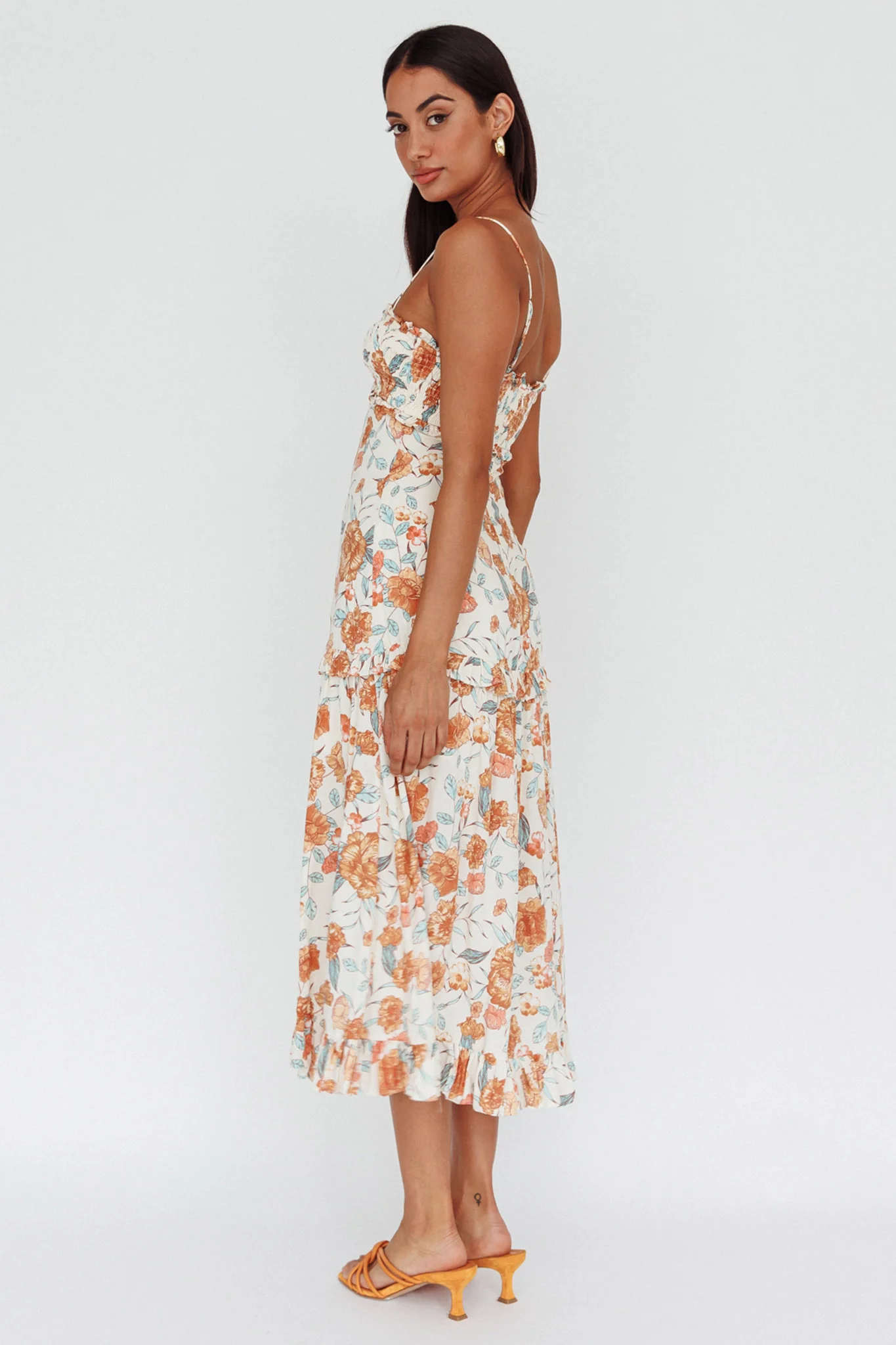 Everglow Shirred Bust Midi Dress Floral Beige