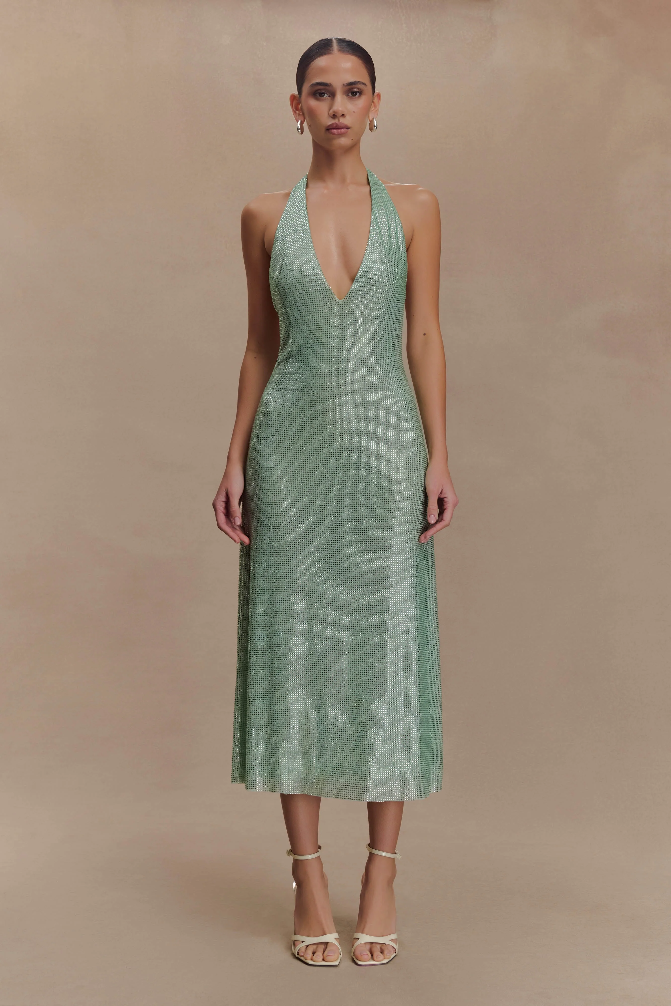 Genie Diamante Halter Midi Dress - Mint