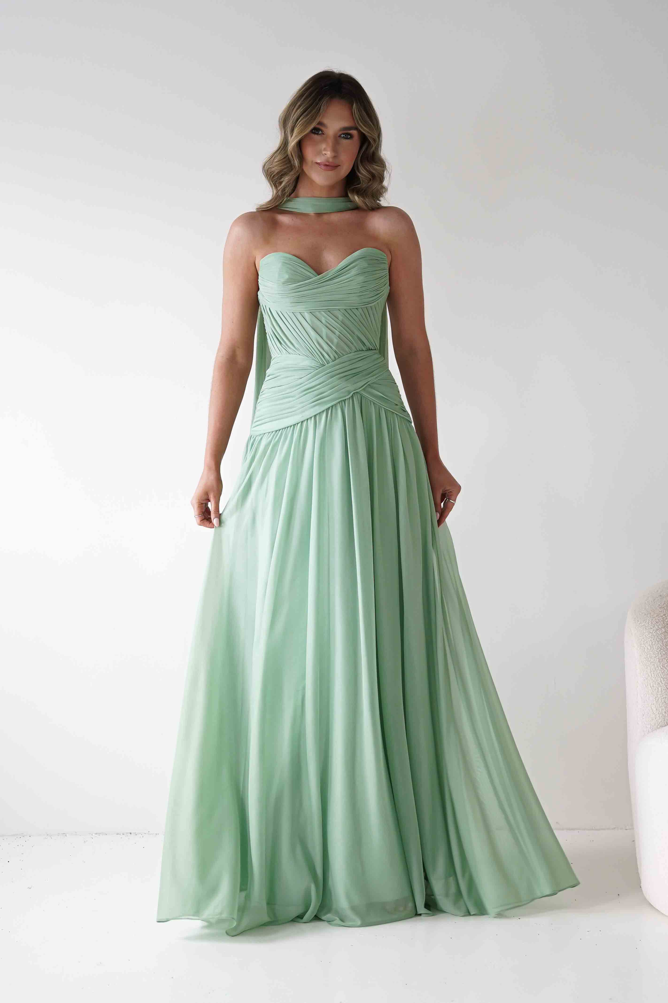 Nicolette Strapless Chiffon Maxi Gown | Sage