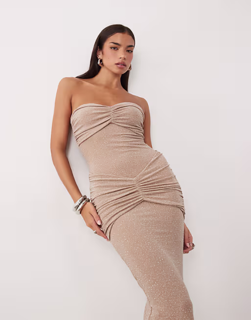 Wanderdoll Pia bandeau ruched hotfix maxi dress in mocha