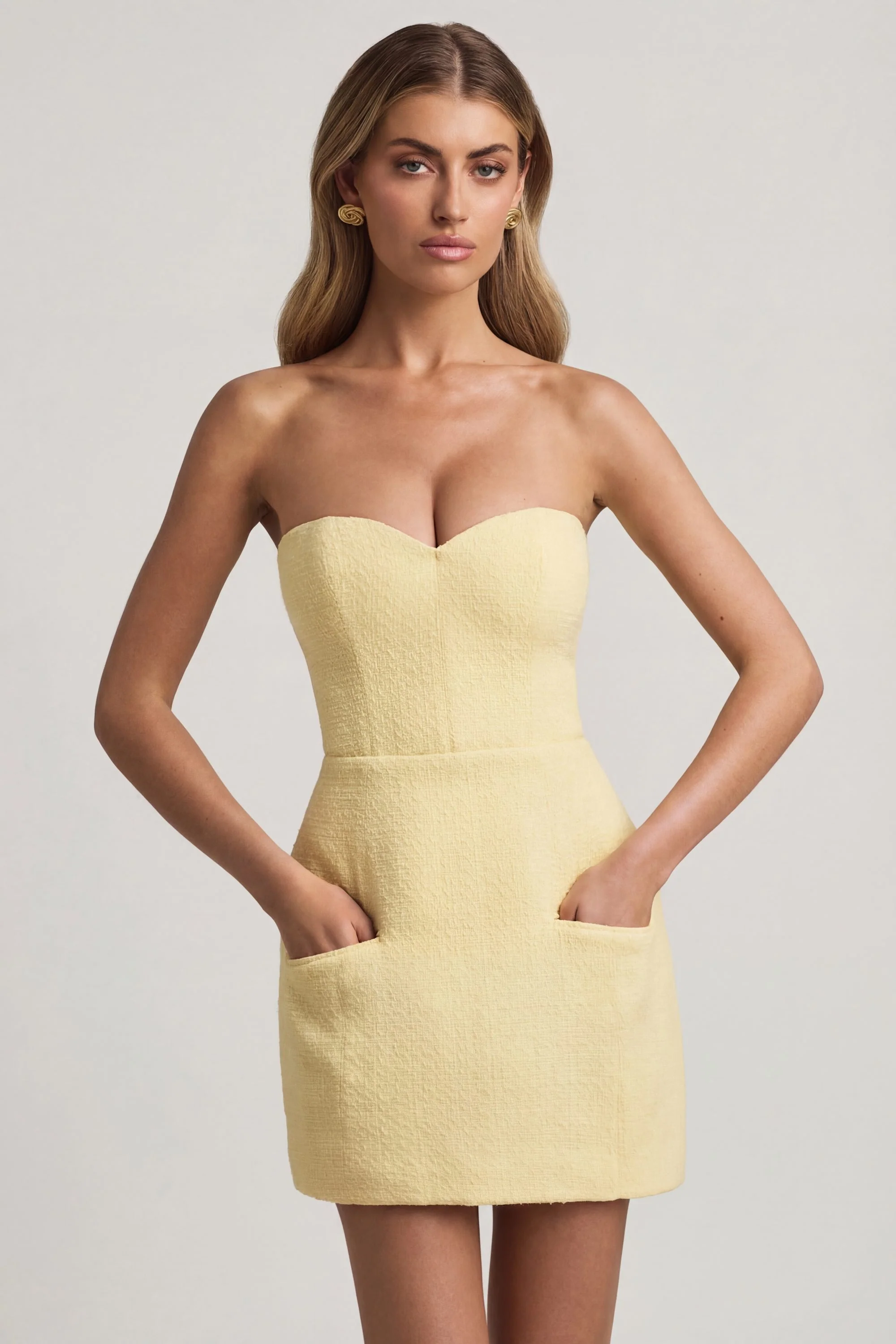 Sweetheart-Neck Strapless Structured Mini Dress in Pastel Yellow