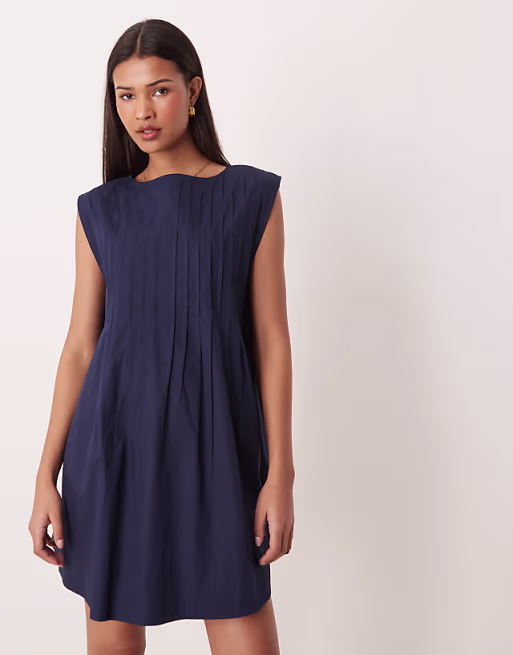 slash neck mini dress with pintucks in navy