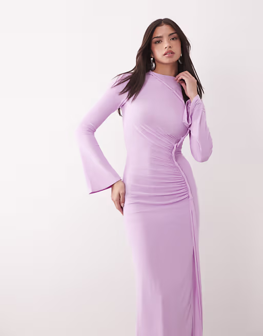 mesh long sleeve maxi dress with twist detail in lilac