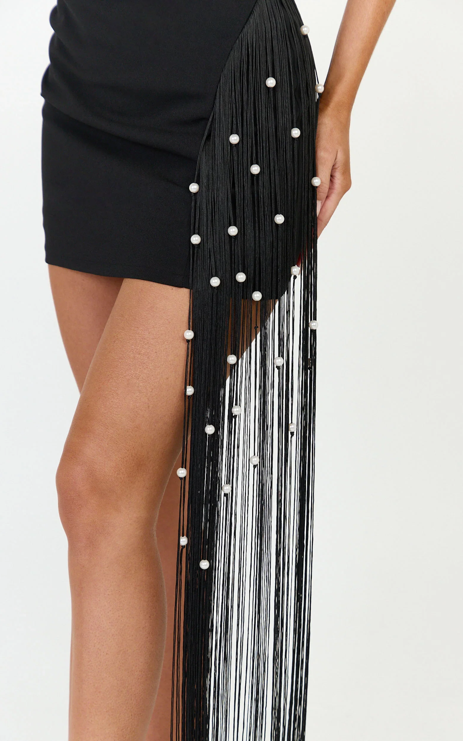 Liana Mini Dress - Boat Neckline Pearl Fringe Dress in Black