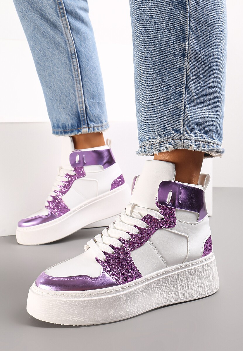 Biało-Niebieskie Sznurowane Sneakersy za Kostkę z Brokatem i Metalicznymi Wstawkami Sareena