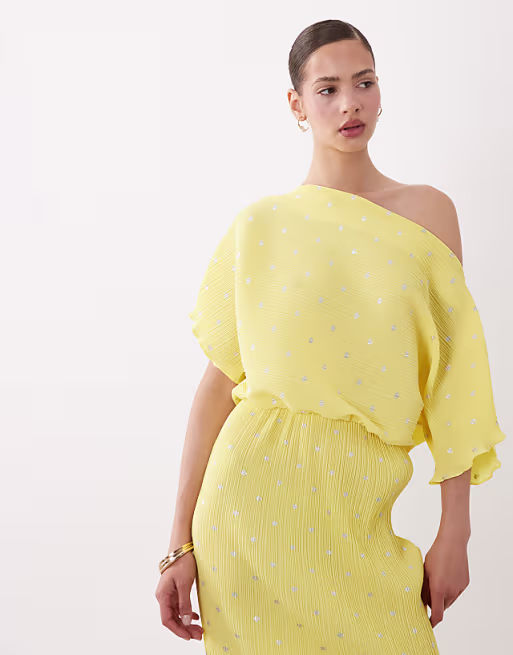 Never Fully Dressed Tilly off-shoulder plissé maxi dress in lemon