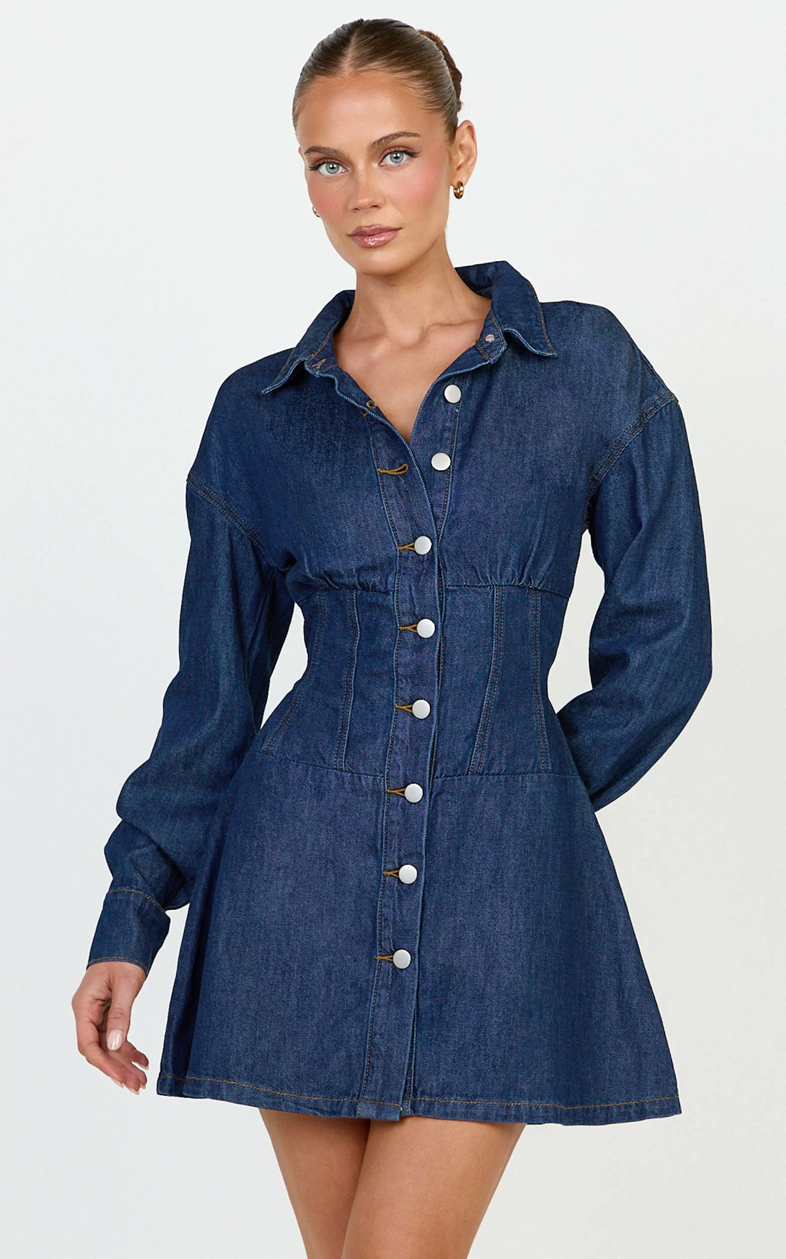 Amaris Mini Dress - Long Sleeve Corset Shirt Dress in Dark Blue Wash