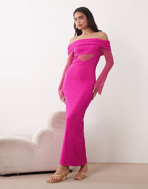 Kaiia exclusive textured mesh bardot angel sleeve sheer panel detail maxi dress in pink
