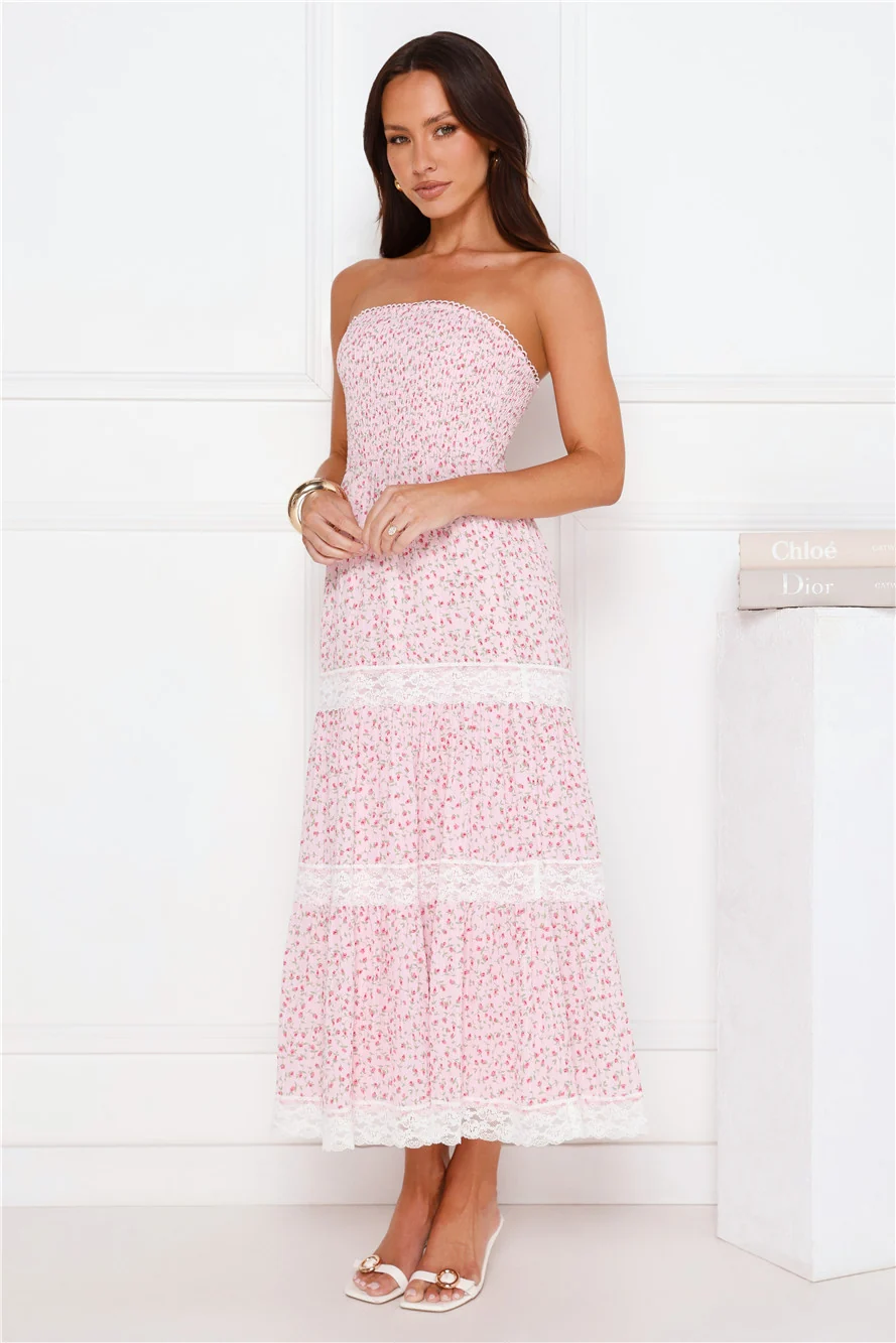 Under Palm Trees Strapless Midi Dress Pink