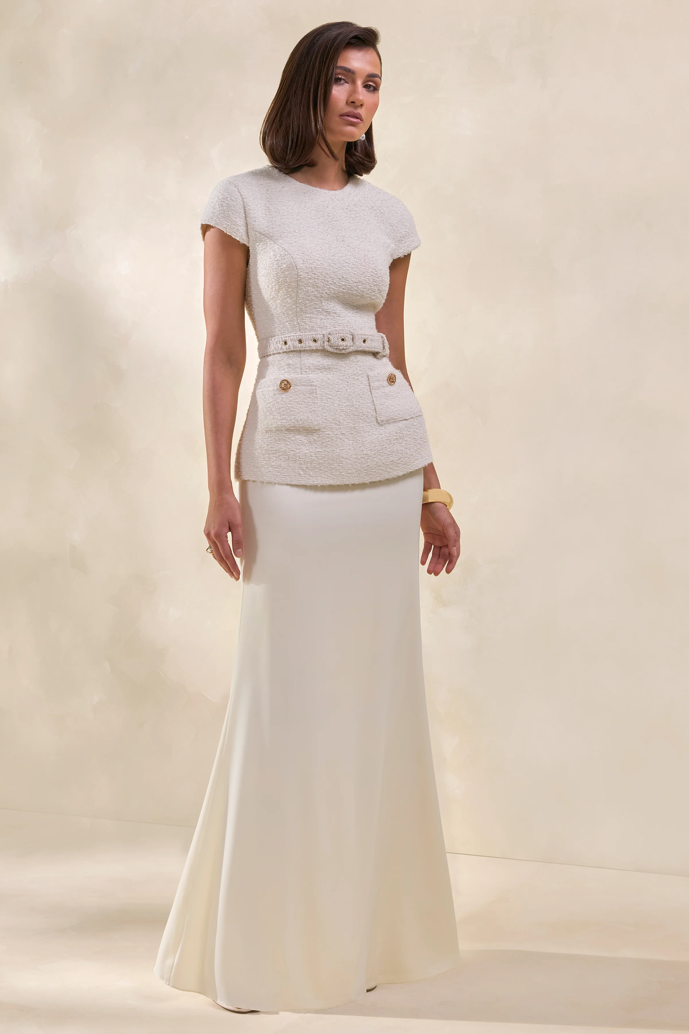 Whispera | Cream Crew-Neck Maxi Dress With Satin Skirt And Pocket-Details