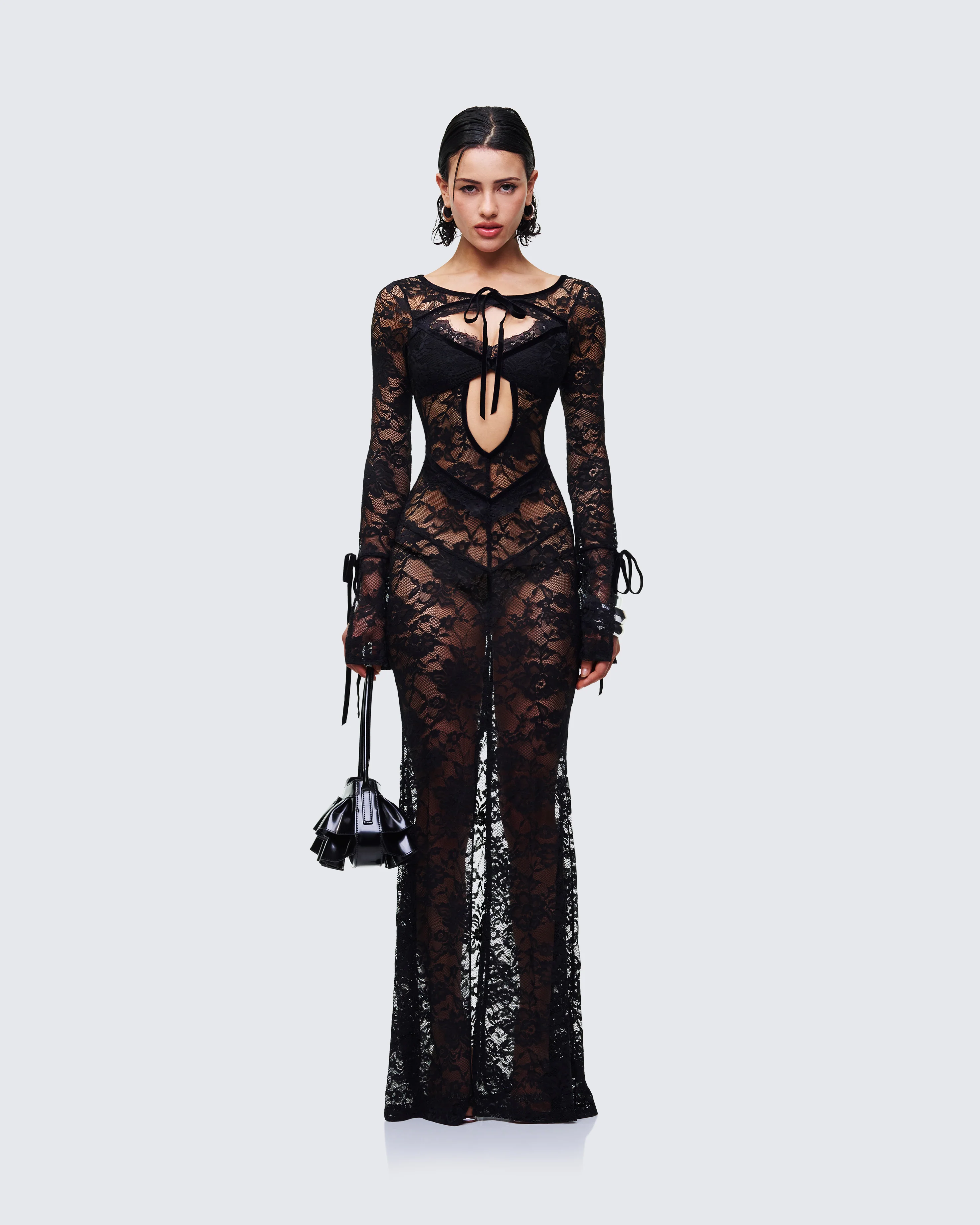 Sonia Black Sheer Peekaboo Lace Maxi Dress