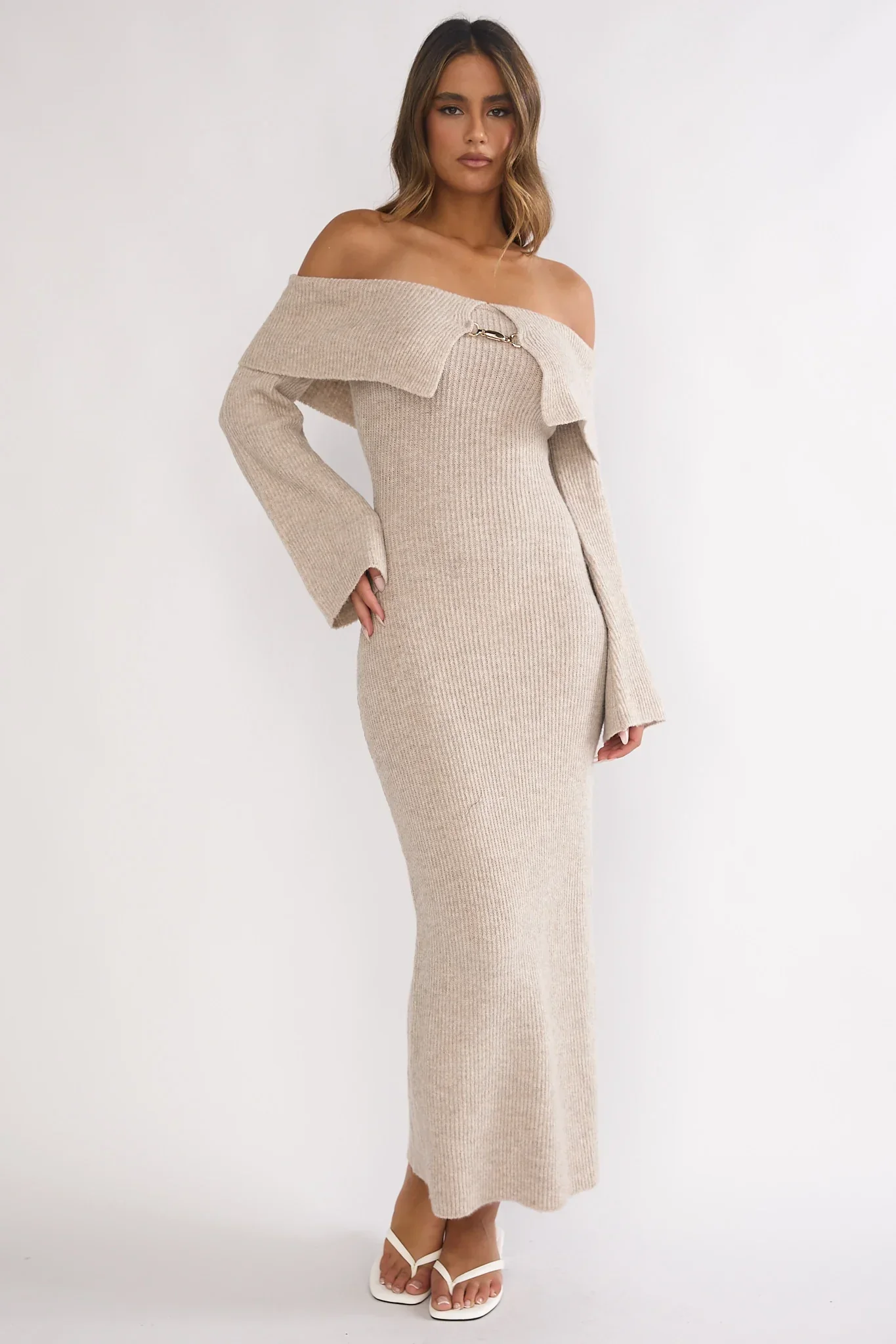 Arwyn Foldover Off-Shoulder Knit Maxi Dress Quinoa