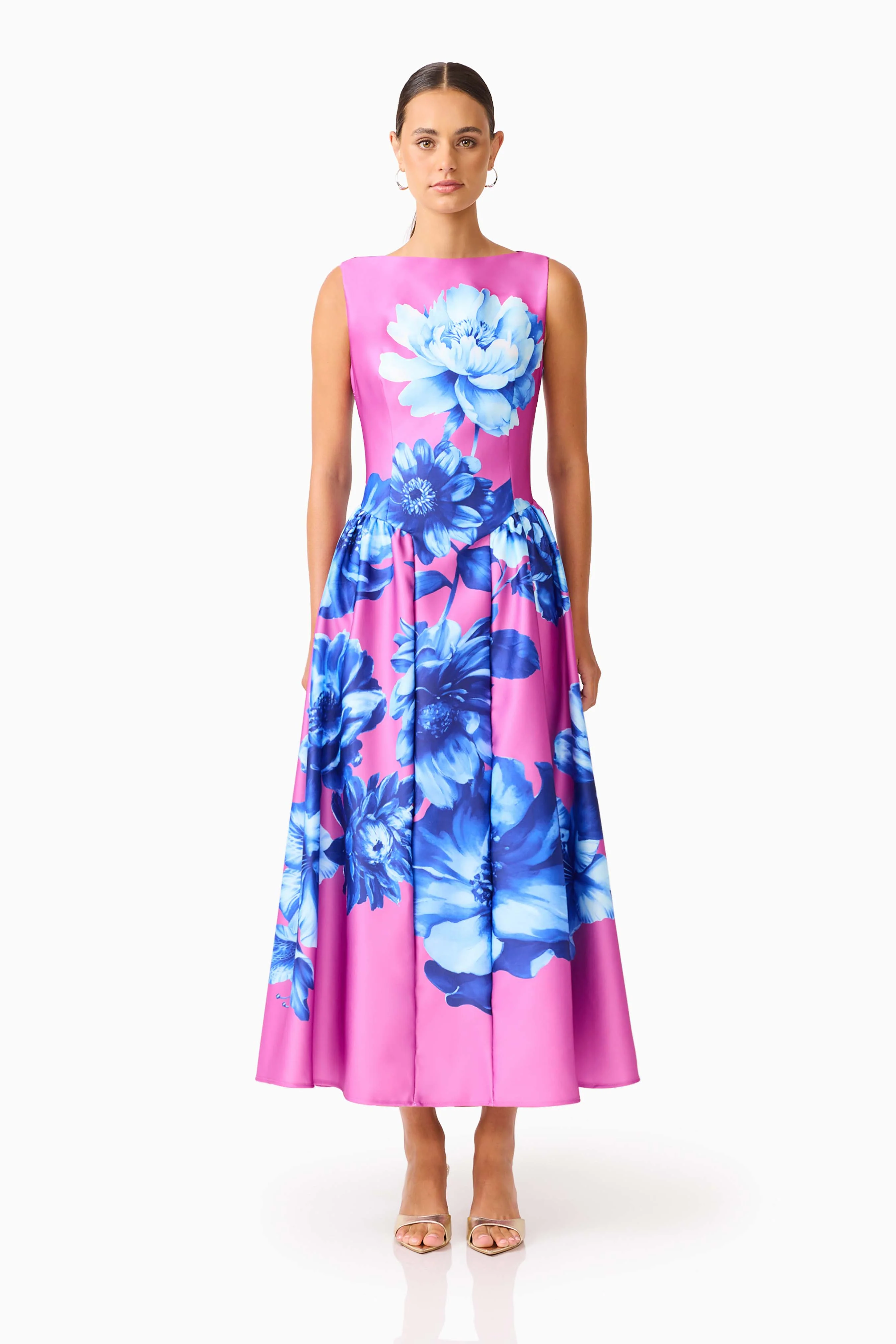 Sybella A-Line Midi Dress in Pink & Blue Floral