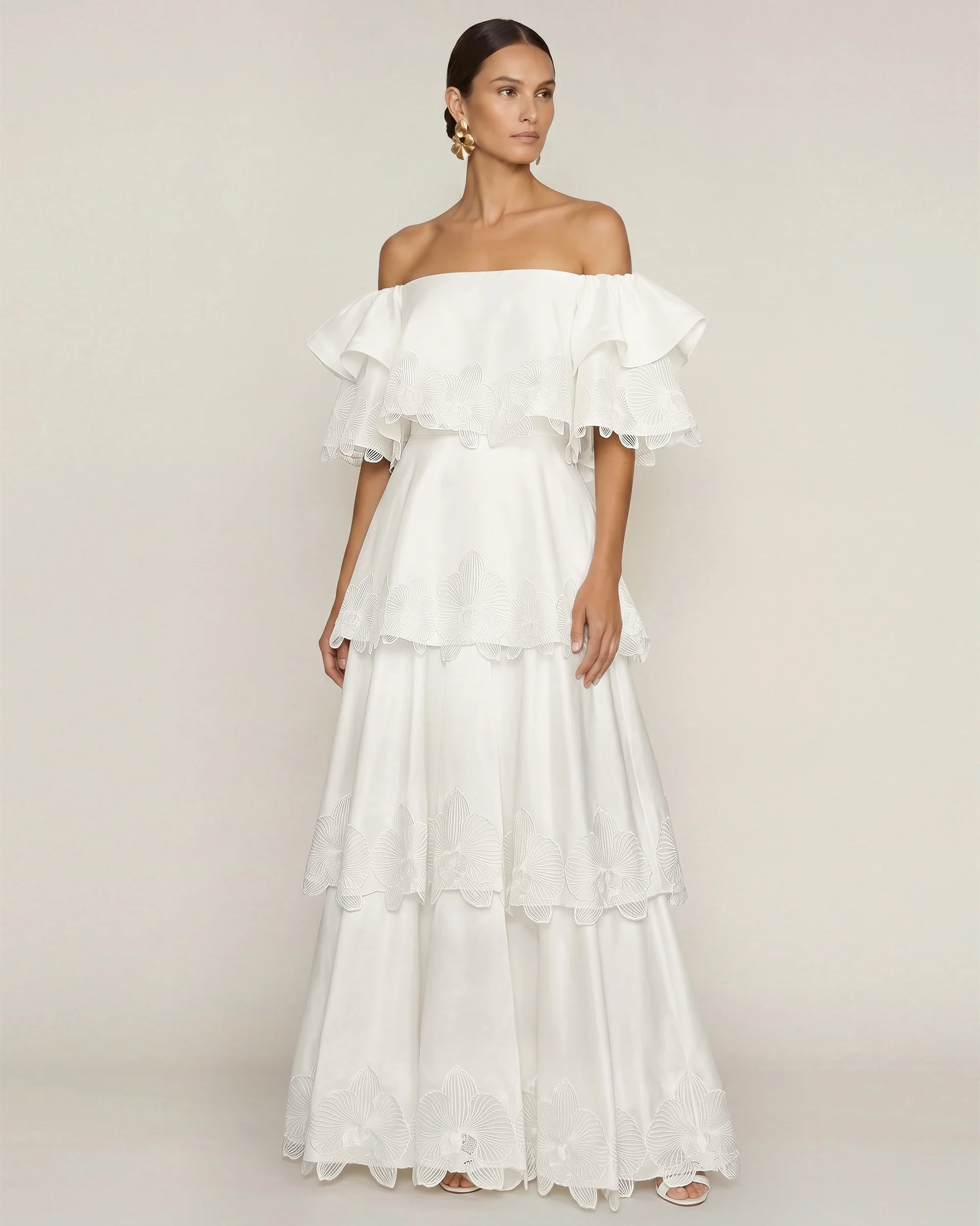 Orchid Embroidered Tiered Off-Shoulder Maxi Dress - White