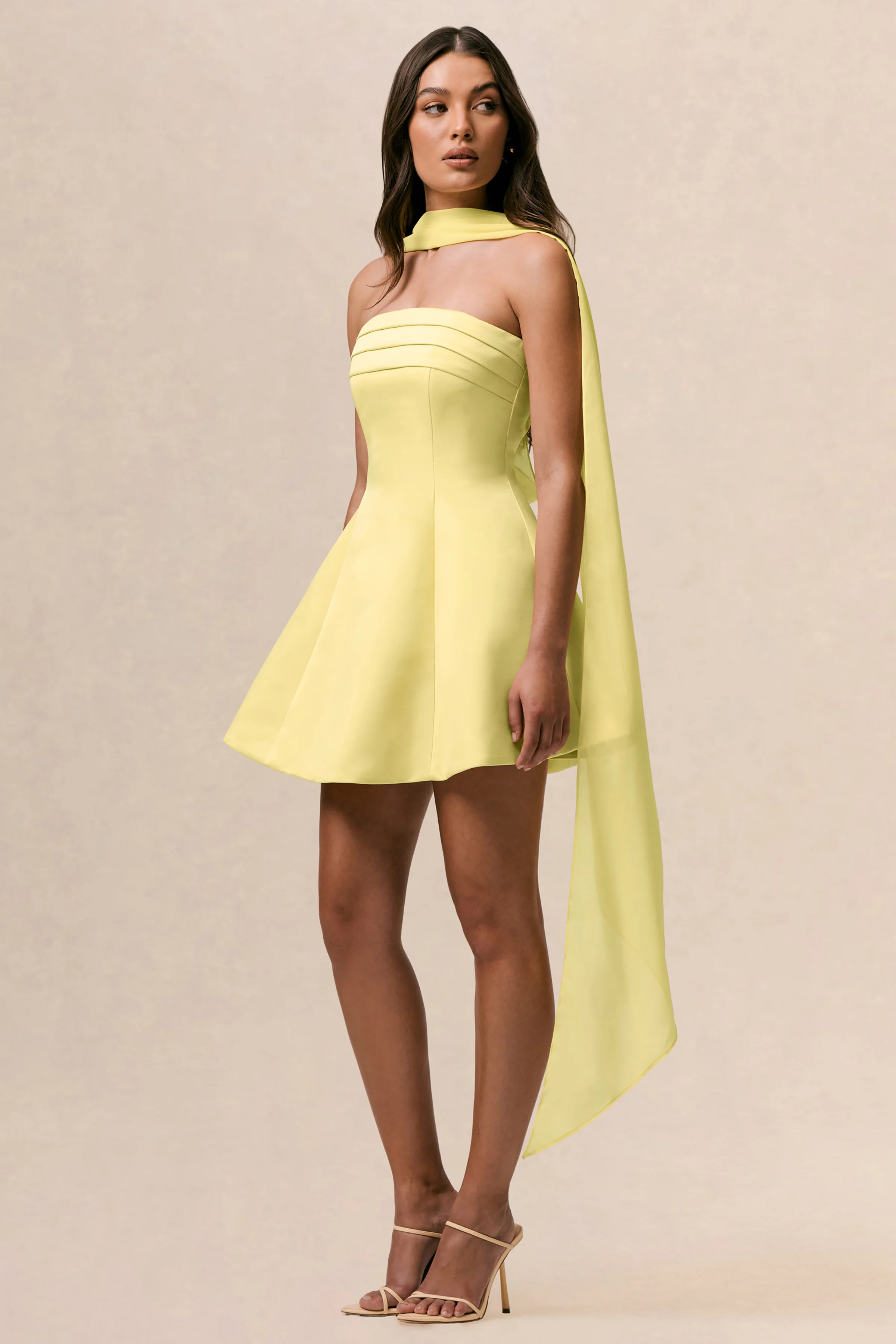 Love Me | Lemon Satin Skater Mini Dress With Chiffon Scarf