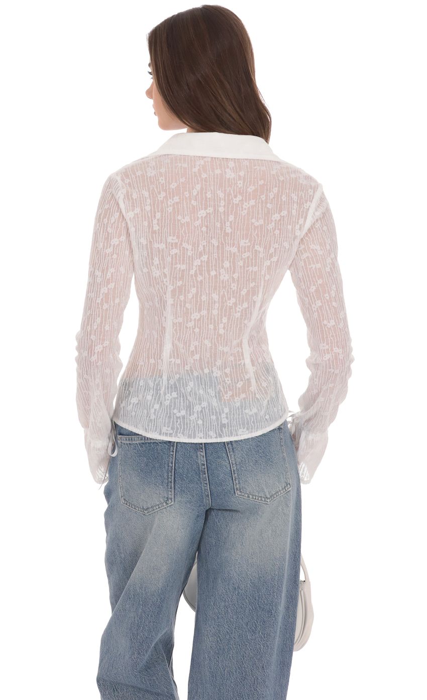 Sheer Mesh Button-Up Top in White