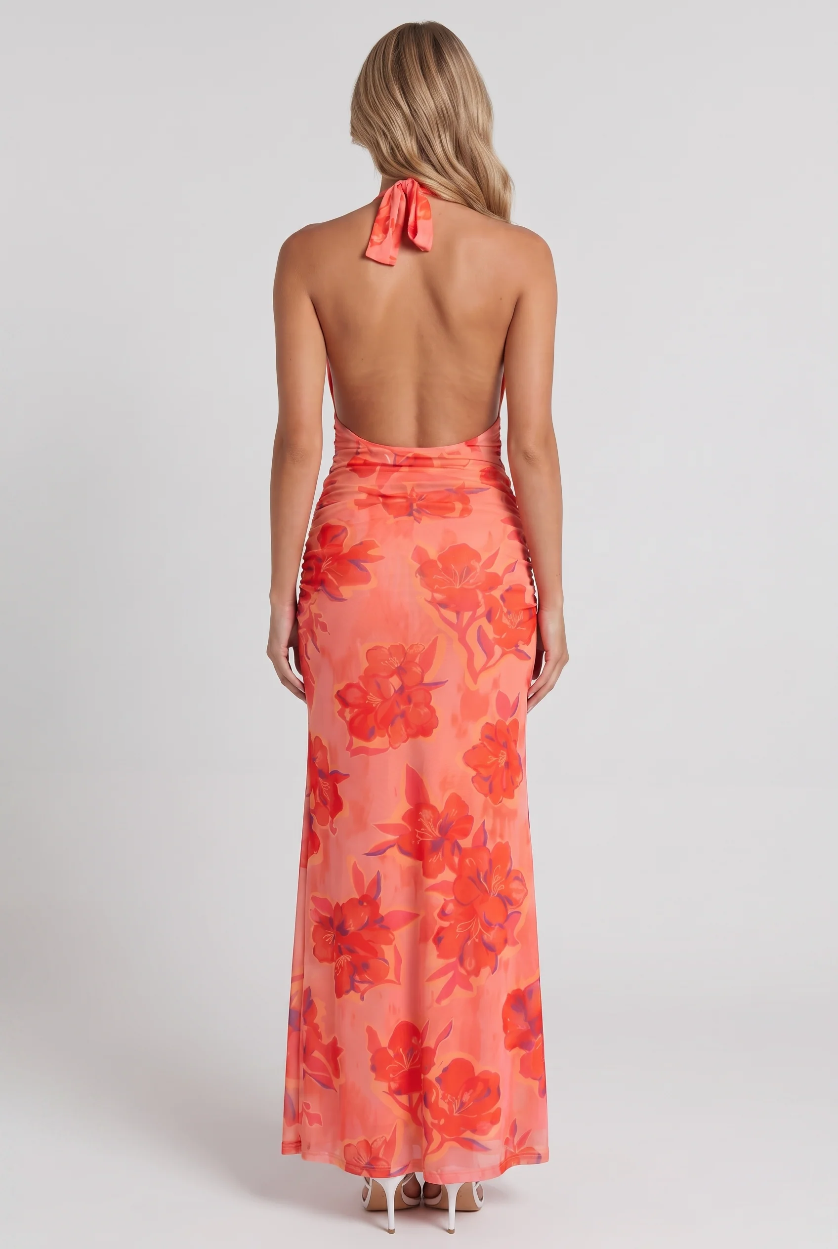 Coral Tropical Floral Halter Maxi Dress