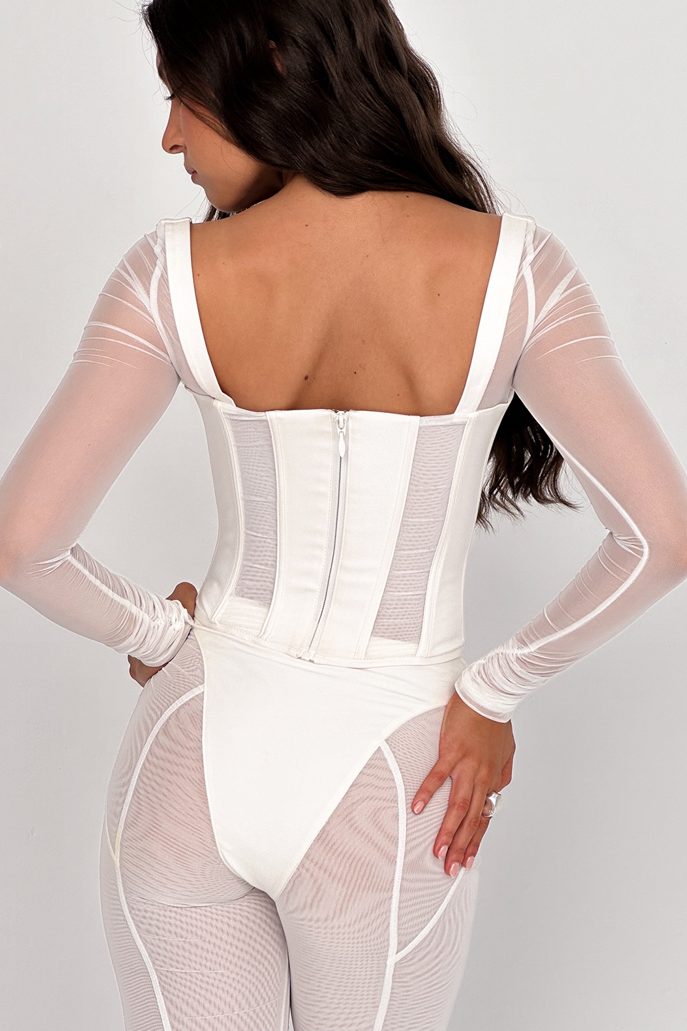 white long sleeve mesh corset