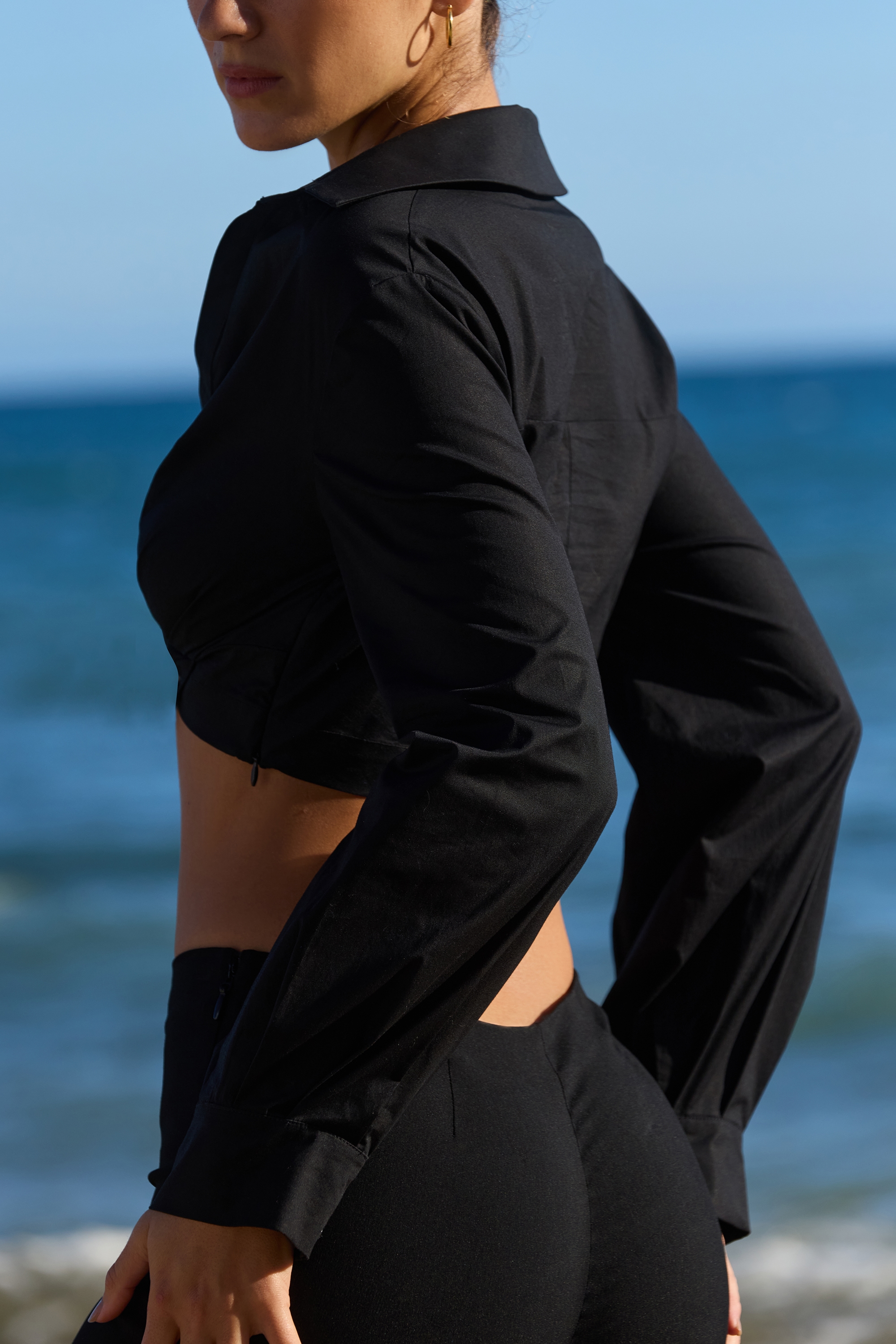 Black Long Sleeve Cropped Cotton Shirt